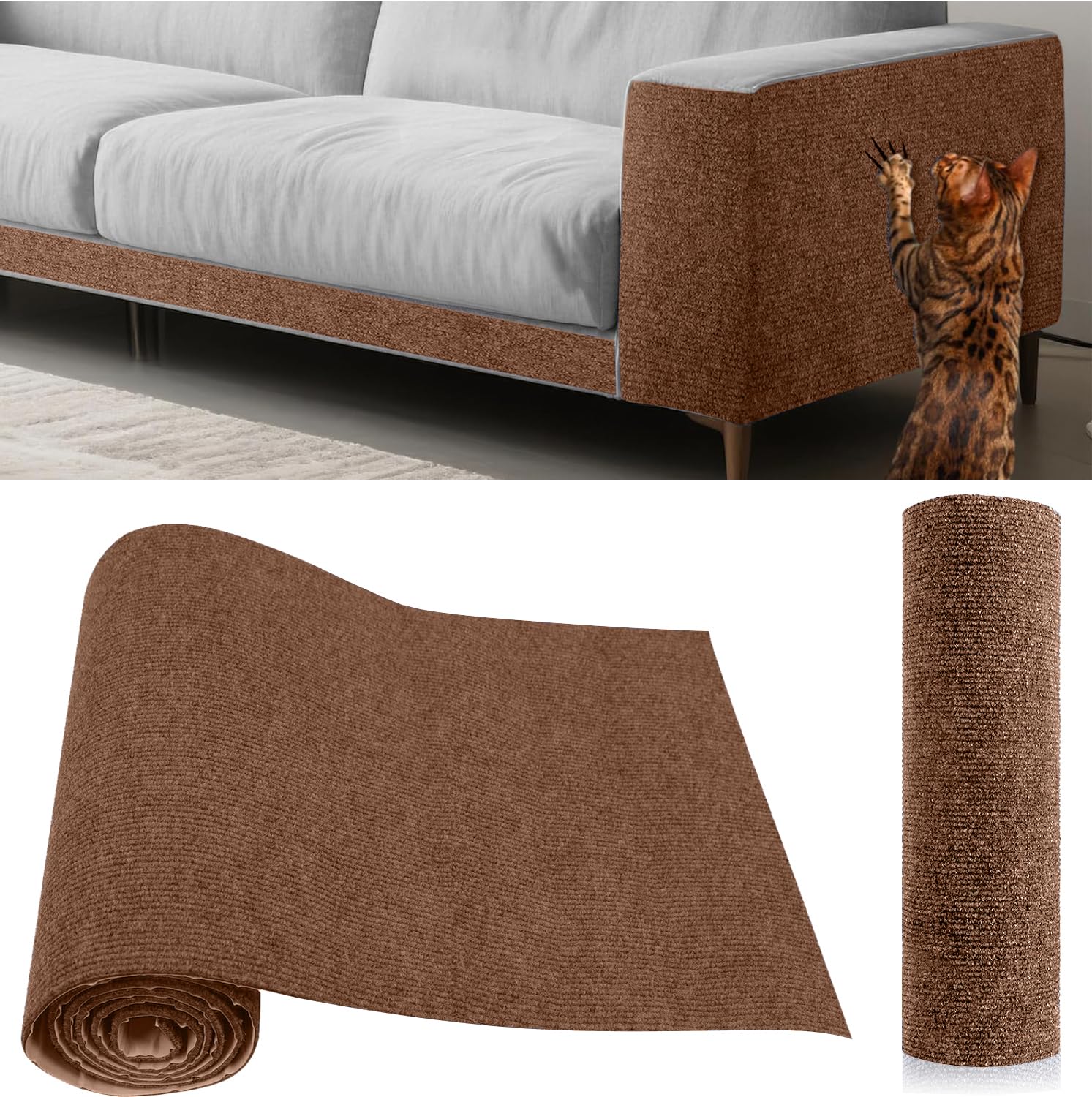Cat Scratch Furniture Protector Couch Protector from cat Claws Self-Adhesive Carpet remnants Scratching Mat Trimmable DIY Climbing Covering Posts (Brown, 15.8" x 39.3") — image 1