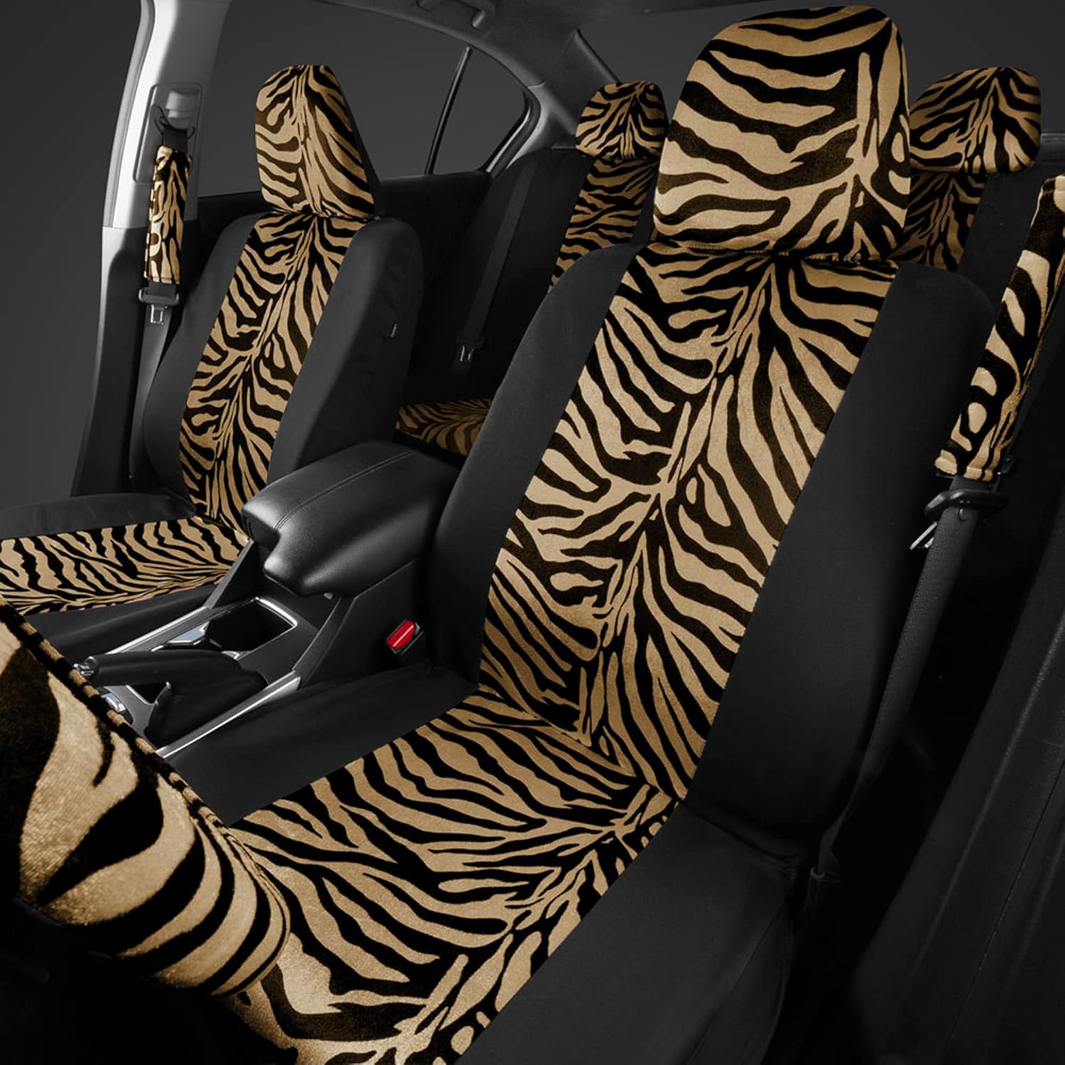 carXS Zebra Print Car Seat Covers Full Set, Includes Matching Seat Belt Pads and Steering Wheel Cover, Two-Tone Animal Print Beige Seat Covers for Cars for Women, Car Seat Protector Interior Covers : Automotive