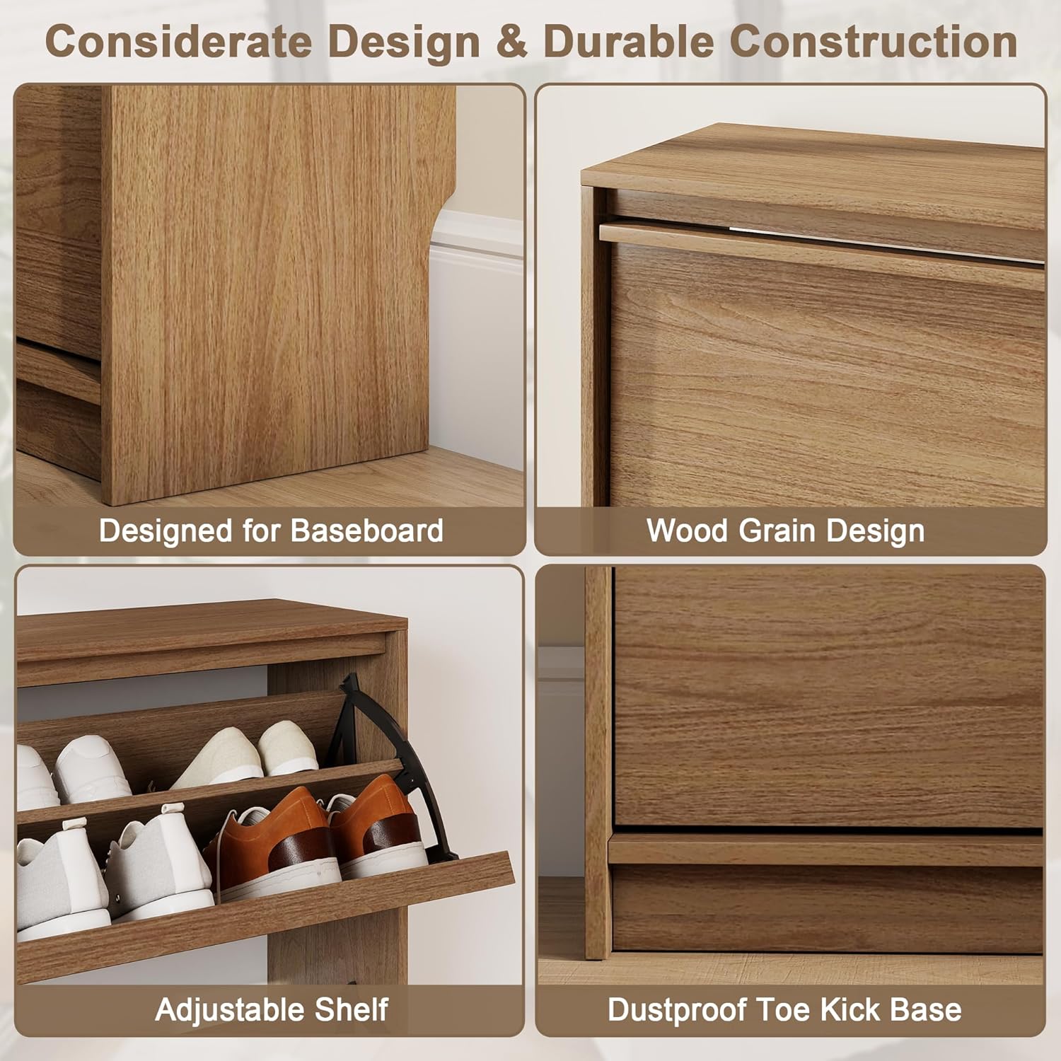 Shoe Cabinet with 3 Flip Drawers, 23.62" W Narrow Shoe Storage Cabinet for Entryway, Slim Shoe Organizer with Adjustable Shelves, Freestanding Shoe Rack for Hallway, Living Room, Walnut