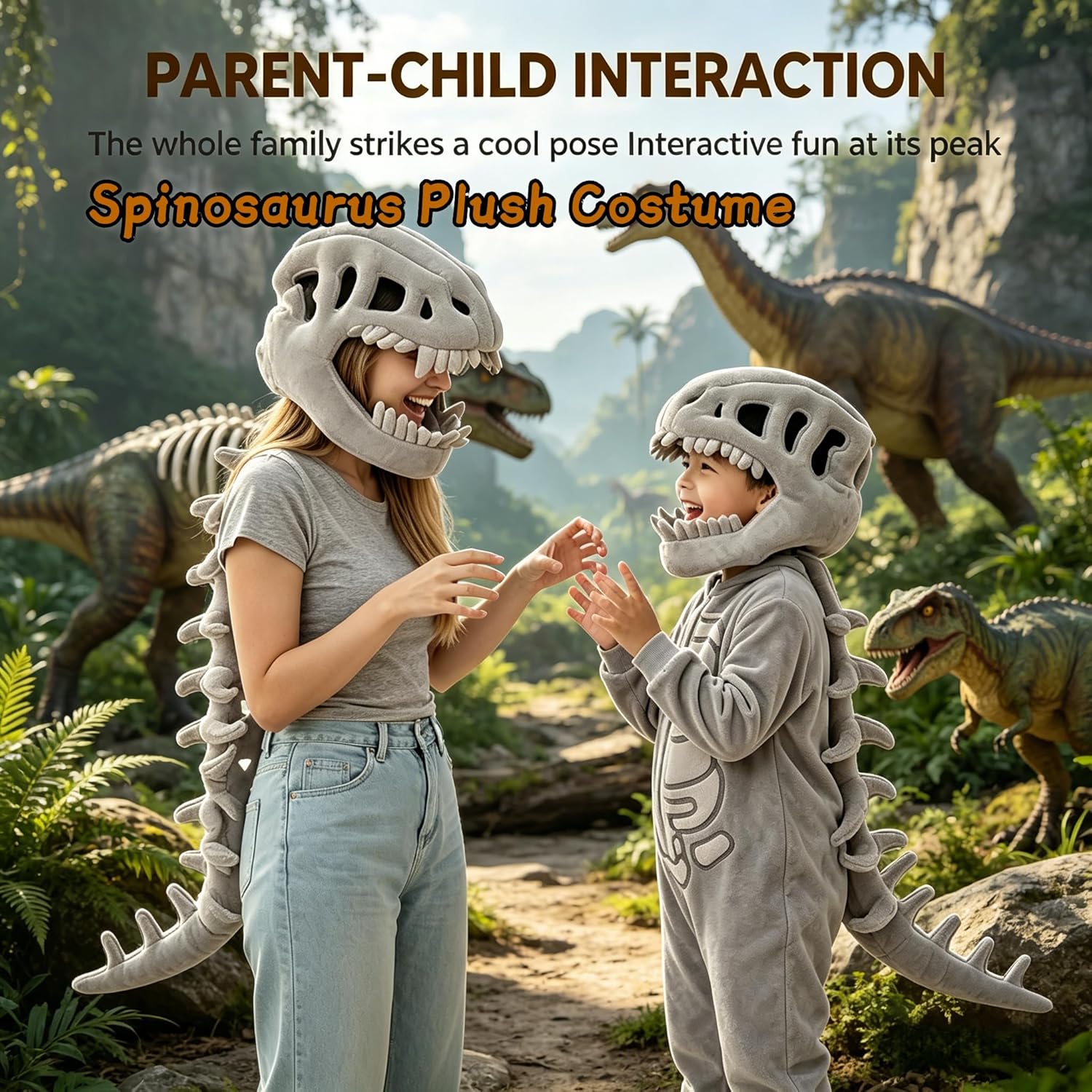 Dinosaur Skeleton Costume - 3D Spinosaurus Skull Mask & Plush Spine for Halloween Cosplay Dress-Up