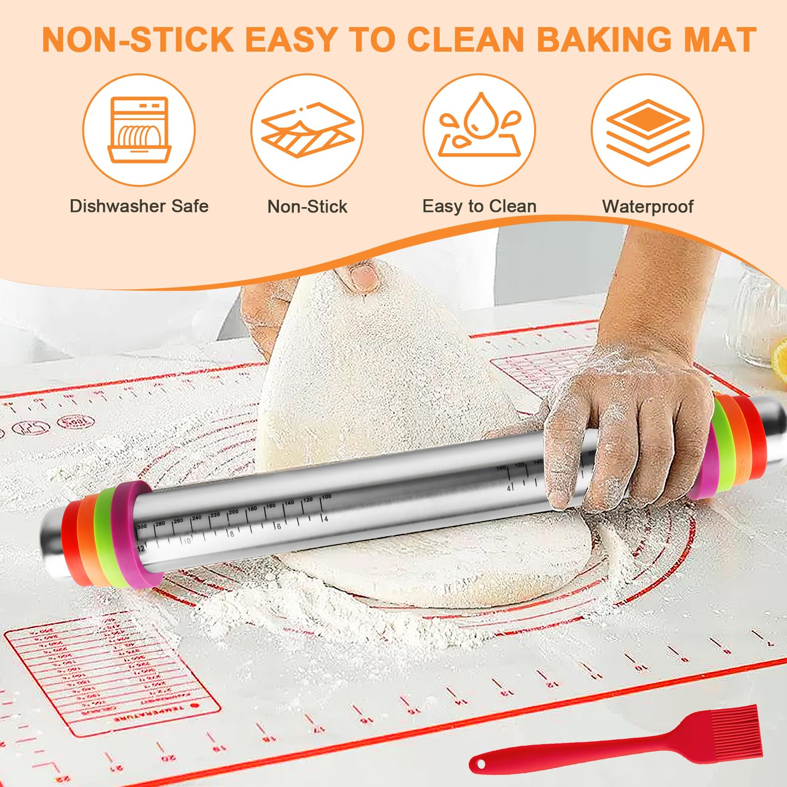 Mattarello in acciaio,Mattarelli Antiaderenti,Mattarello Regolabile con 8 Anelli di Spessore,con Tappetino da Forno in Silicone Pennello Olio,per La Preparazione di Pane,Cookie,Pastry Dough