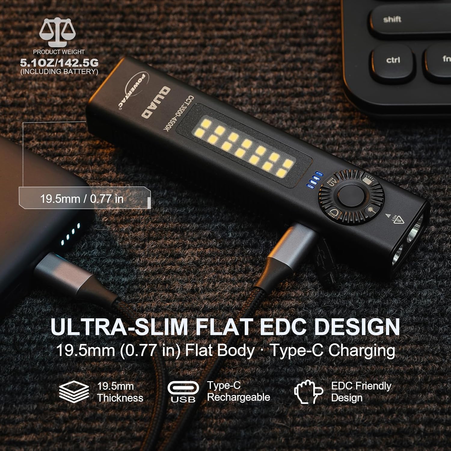 PowerTac Quad 2000 Lumen Flashlight, 4-in-1 Flat Design | USB-C Rechargeable, Multi-Light EDC Light