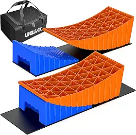 WELLUCK Nivelador de campista, blocos de nivelamento para trailers, calços de roda de até 16 kg, 2 pacotes de kit de nivelador de trailer curvado resistente com tapetes antiderrapantes para trailer de