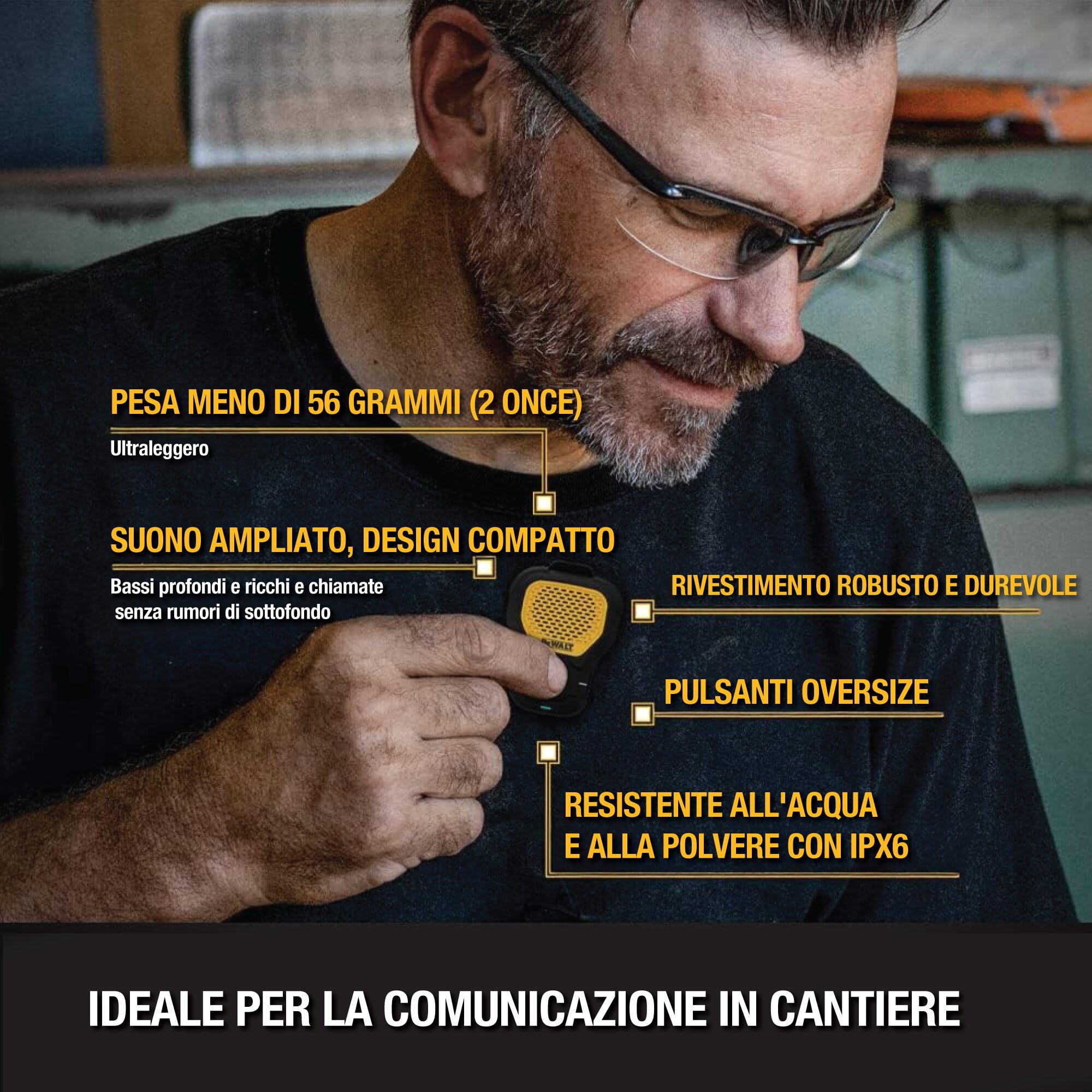 DEWALT Jobsite Pro Speaker Bluetooth Indossabile, Mini Altoparlante Portatile Wireless con Clip e Magneti, IP56 Impermeabile e Antipolvere, Microfono Integrato, Perfetto per Cantiere e Outdoor