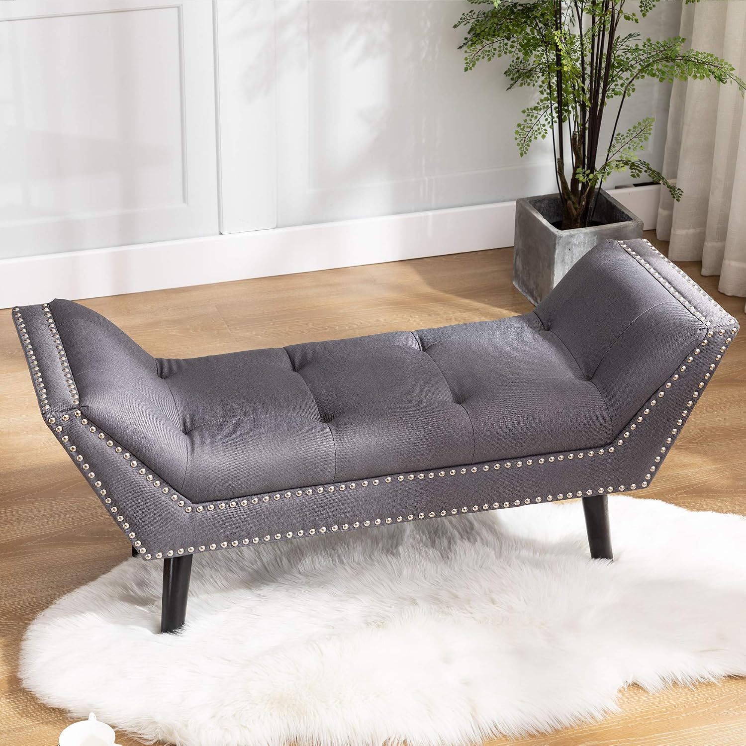 DAGONHIL Rectangular Ottoman,Linen Upholstered Bench,Vintage Casual Footstool for Living Room (Gray)