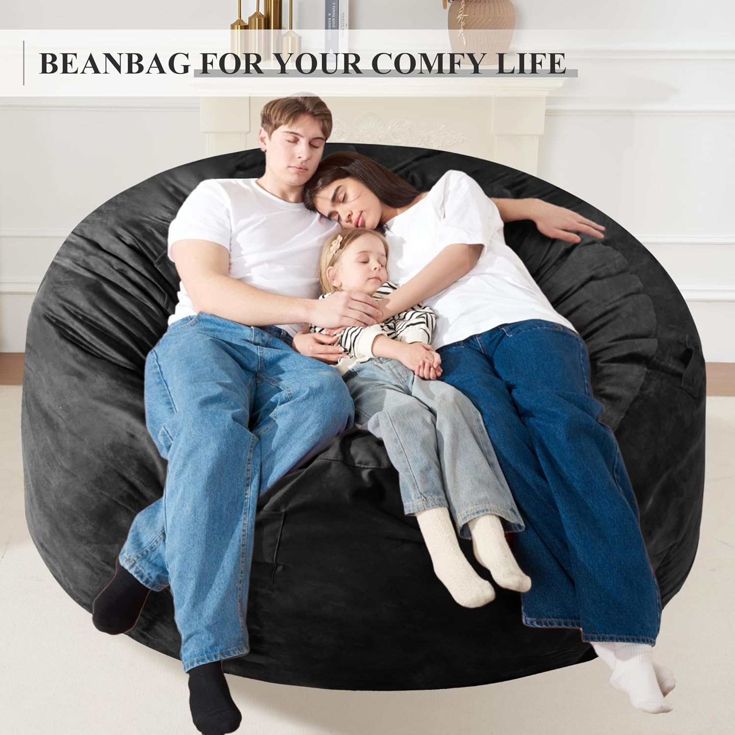 Homguava 6FT Bean Bag Chair Giant BeanBag with Memory Foam Filled, Large Bean Bag Chairs for Adults, Adult Bean Bag Chair with Dutch Velvet Cover for Living Room Bedroom-Black - Image 4