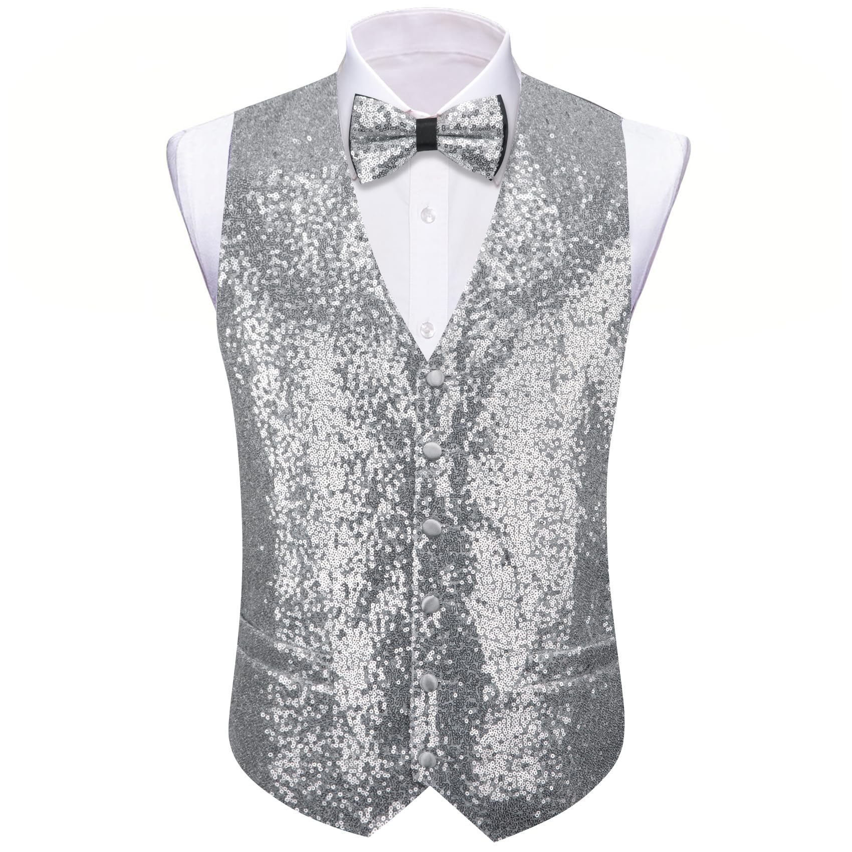 Barry.Wang Set di gilet da uomo con paillettes lucide, papillon, vestito casual scintillante, per festival, discoteca, feste, balli