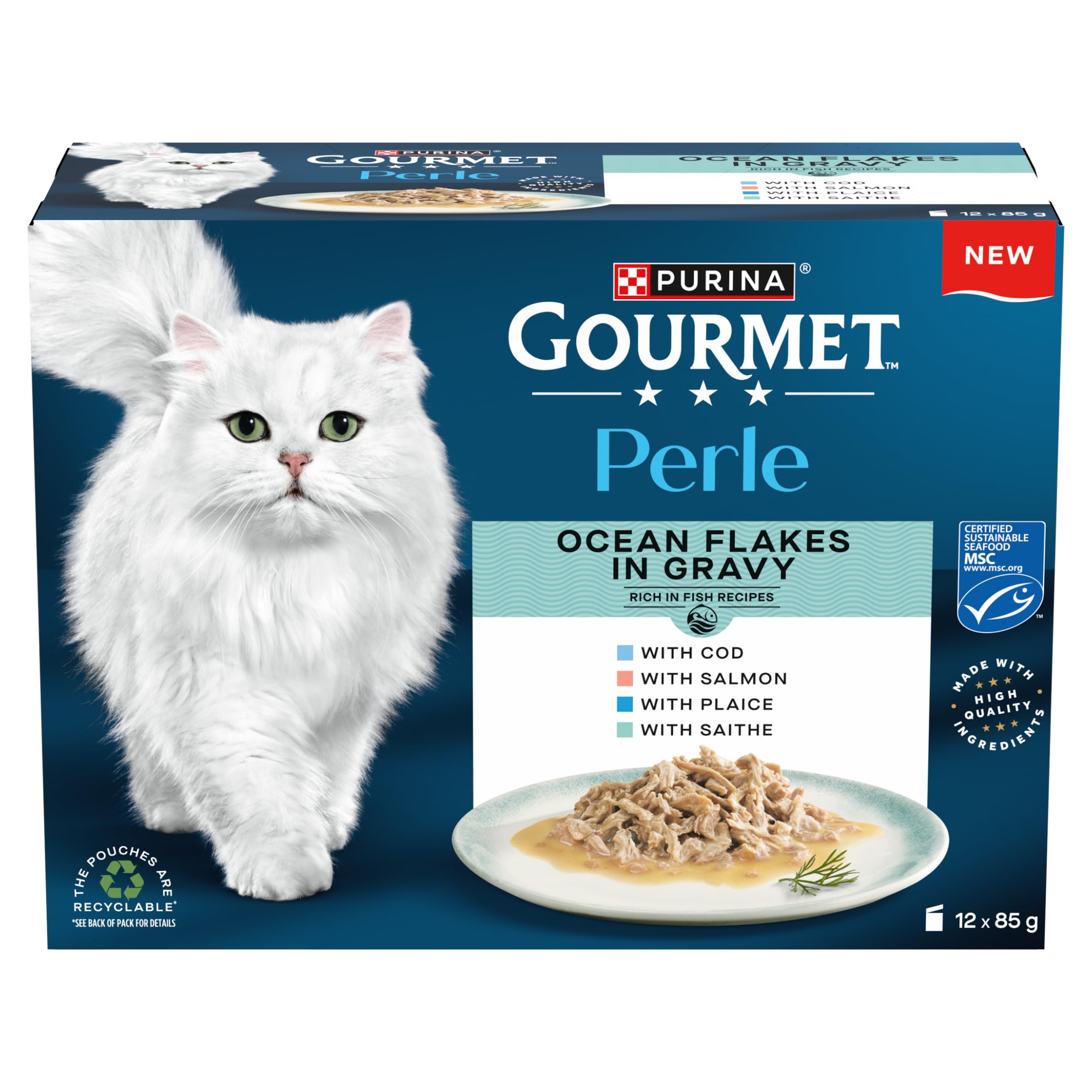 Gourmet Perle Ocean Flakes Cod, Salmon, Plaice, Saithe Wet Cat Food 12x85g