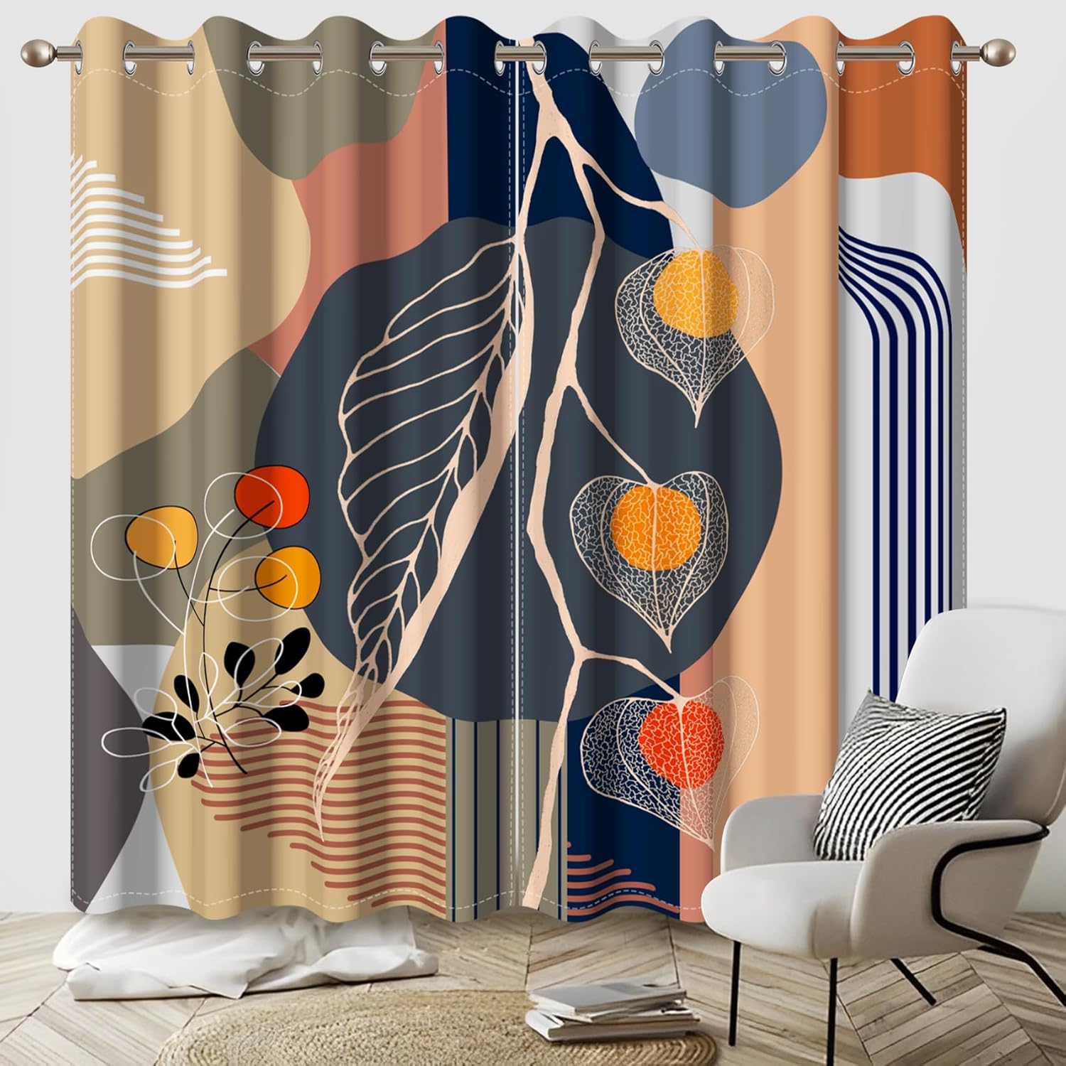AWERT Boho Blackout Curtains 84 Inches Long 2 Panels Abstract Leaves Plants Geometric Mid Century Modern Minimalist Window Drapes for Bedroom Living Room Thermal Insulated Each Size 42x84 Inches