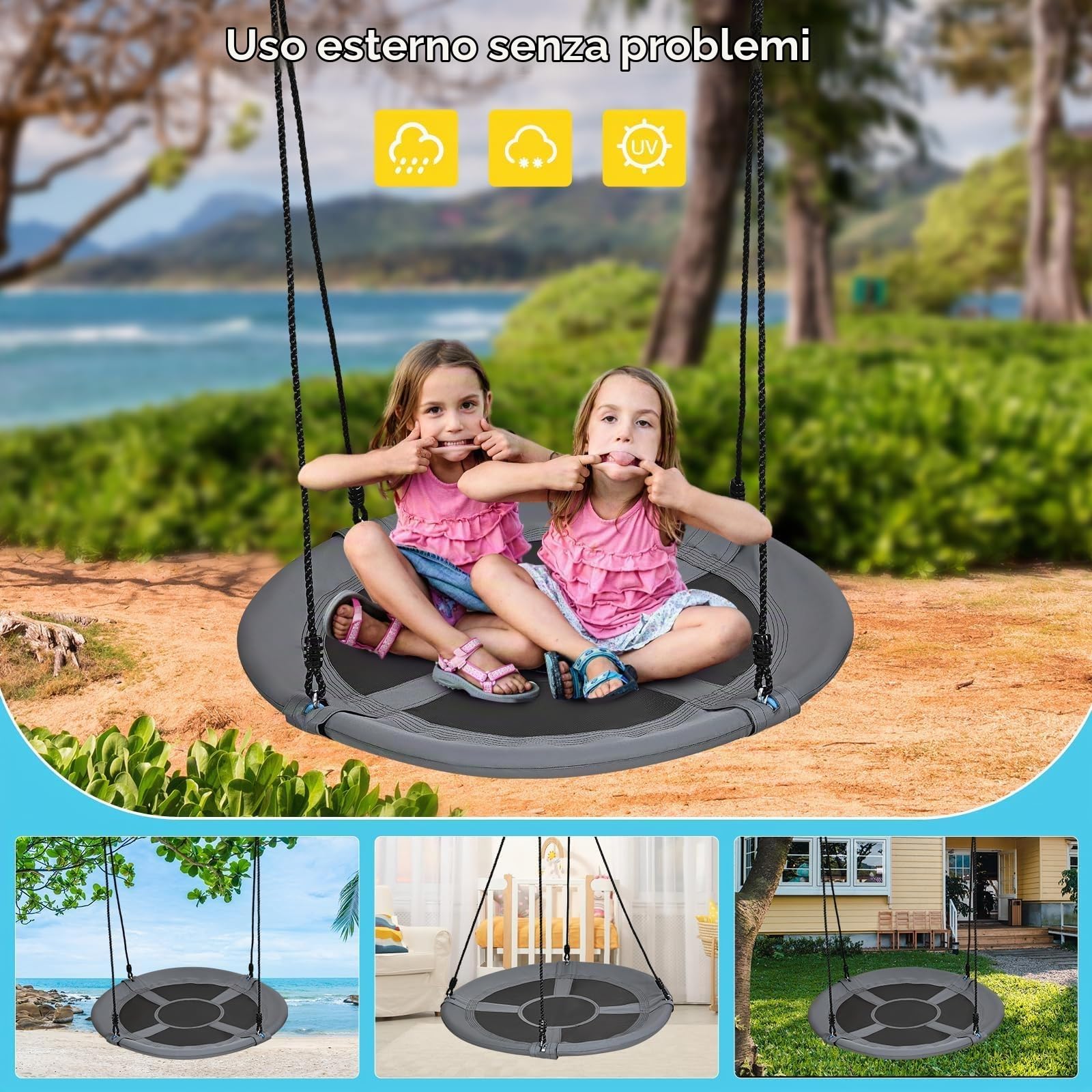 Altalena circolare da 120 cm, capacità di peso volante di 300 kg, 2 cinghie di sospensione aggiunte, corde multifilo regolabili, sedile da altalena sicuro e durevole per bambini
