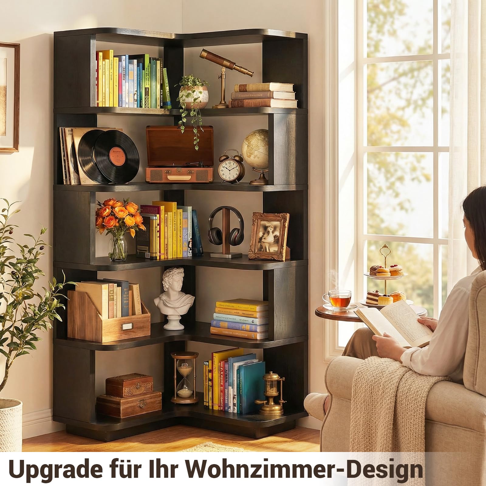 iSunirm Eckregal mit 5 Ebenen, L-Form Bücherregal für Ecken, Modernes Standregal Aktenregal für Wohnzimmer, Schlafzimmer & Büro, Holzregal Platzsparend, 60x60x162 cm, Schwarz