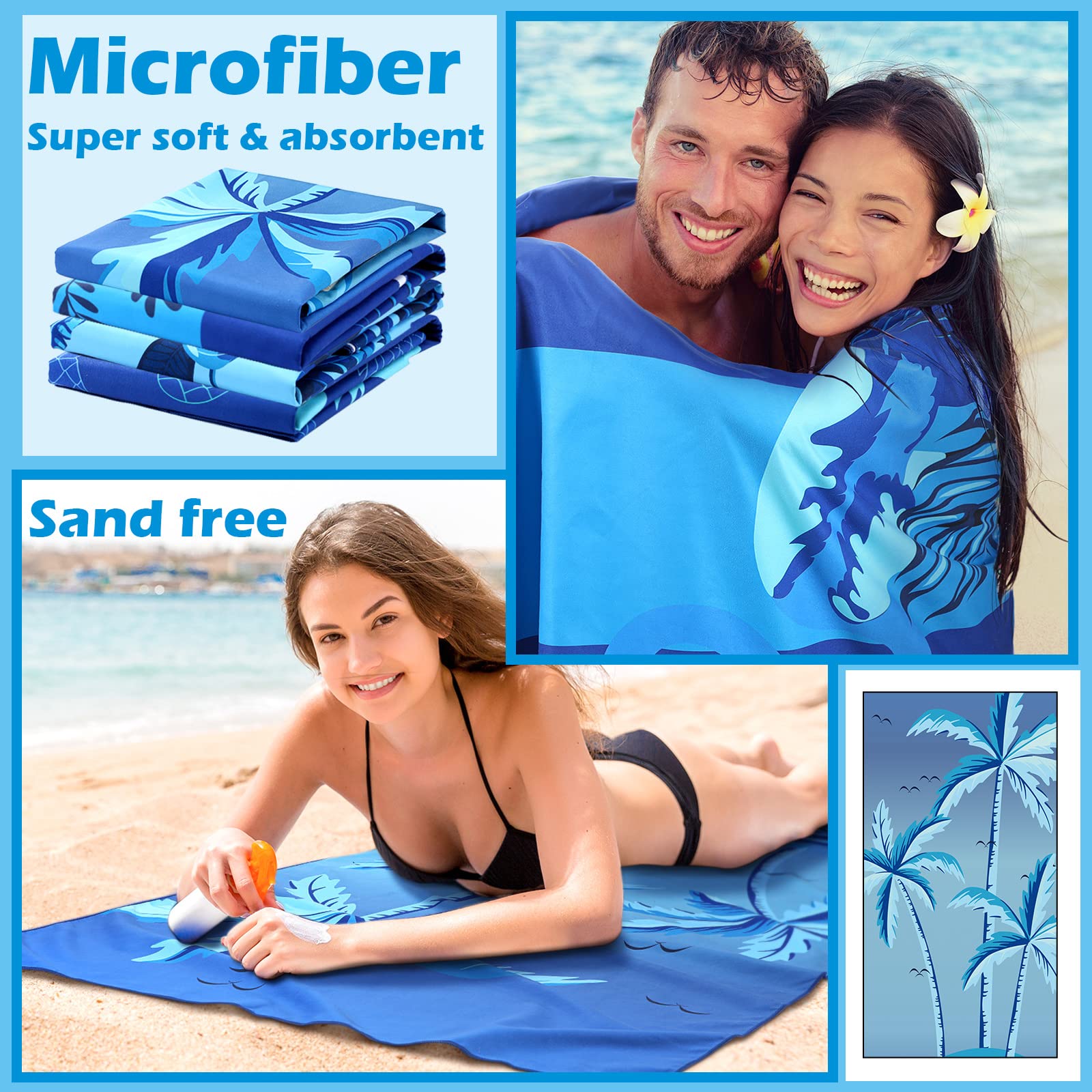Irenare Lot de 4 serviettes de plage en microfibre résistantes au sable pour adultes - Séchage rapide - 190 x 89 cm - Extra large - Accessoires essentiels pour la piscine et la plage