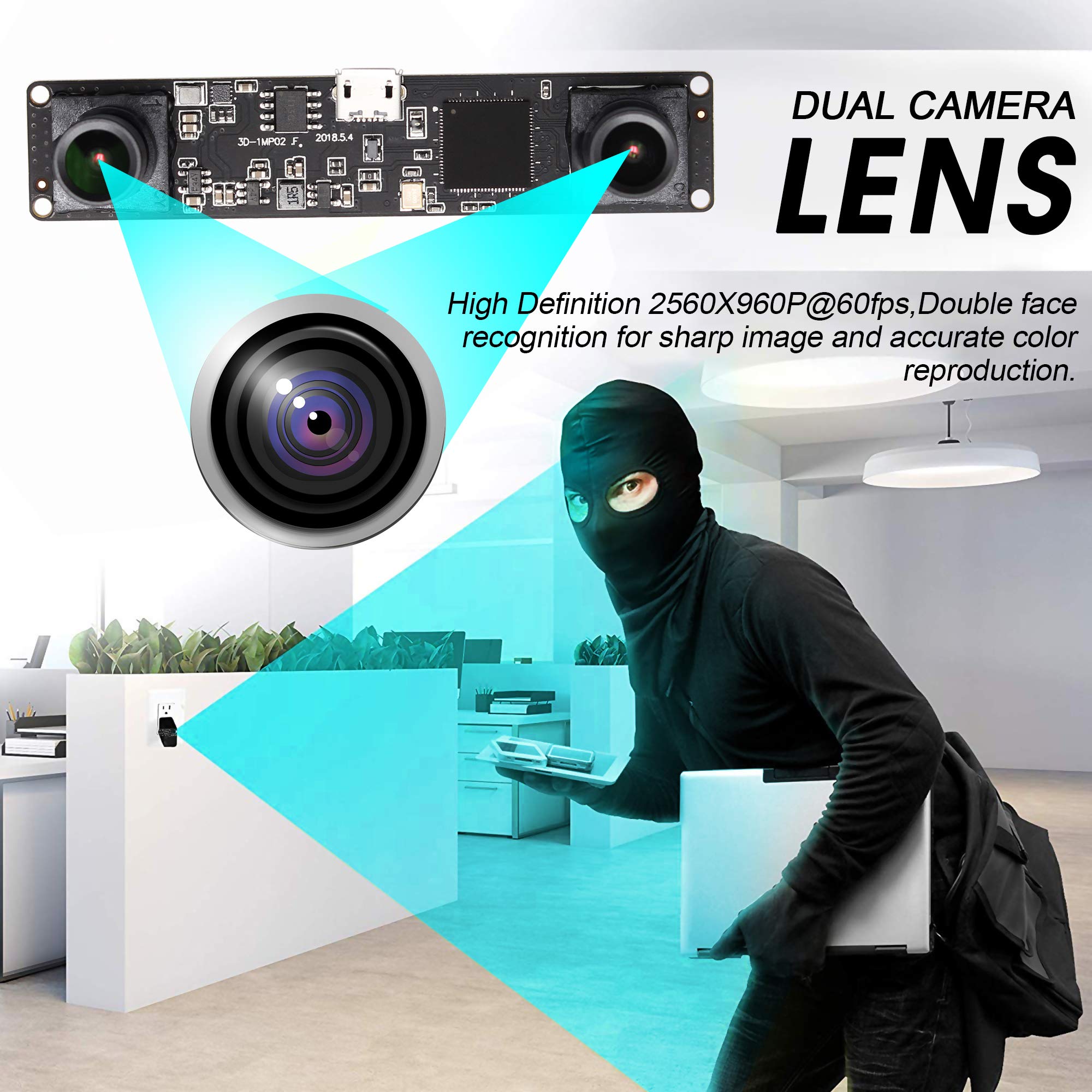 G Modulo fotocamera USB a doppio obiettivo 960p 60fps 3D stereo sincronizzato Webcam Board Modul,1,3MP Dual Lens USB con fotocamera, HD 1/3" OV9750 Webcam 90° per Windows Raspberry Pi Web Camera