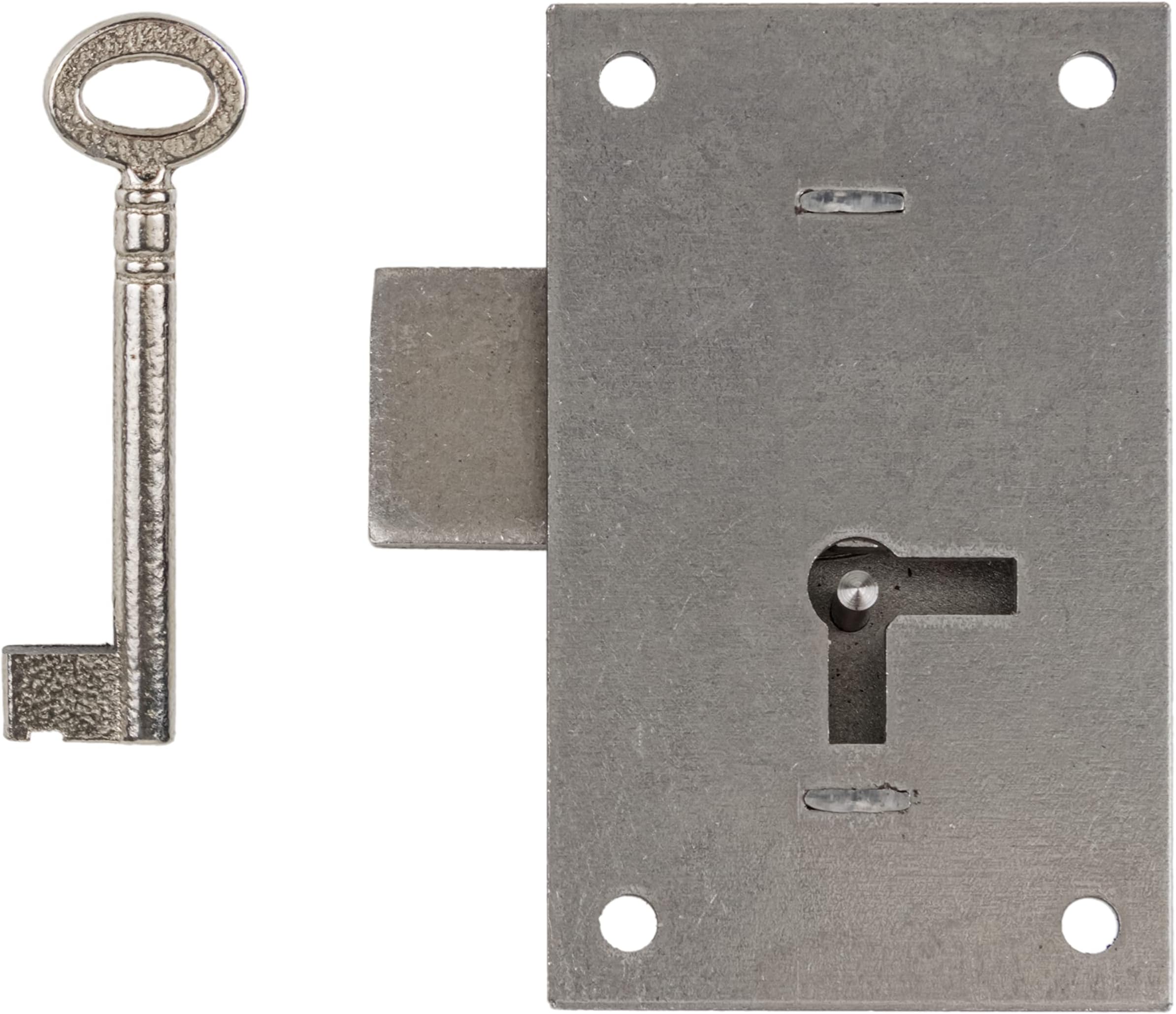 Heavy Steel Flush Mount Wardrobe or Cabinet Door Lock with Key - 2 1/8" Wide x 3 1/2" High - Vintage Lock and Key for Furniture Doors and Drawers | SL5-S