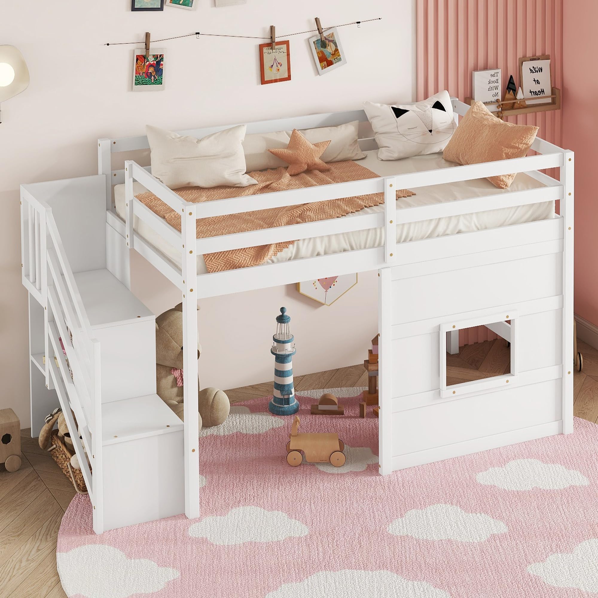 Twin Size Low Loft Bed with Stairs, Kids Loft Bed with Storage,Solid Wood Twin Loft Bed Frame for Kids, Space Saving Low Loft Bed for Boys, Girls,