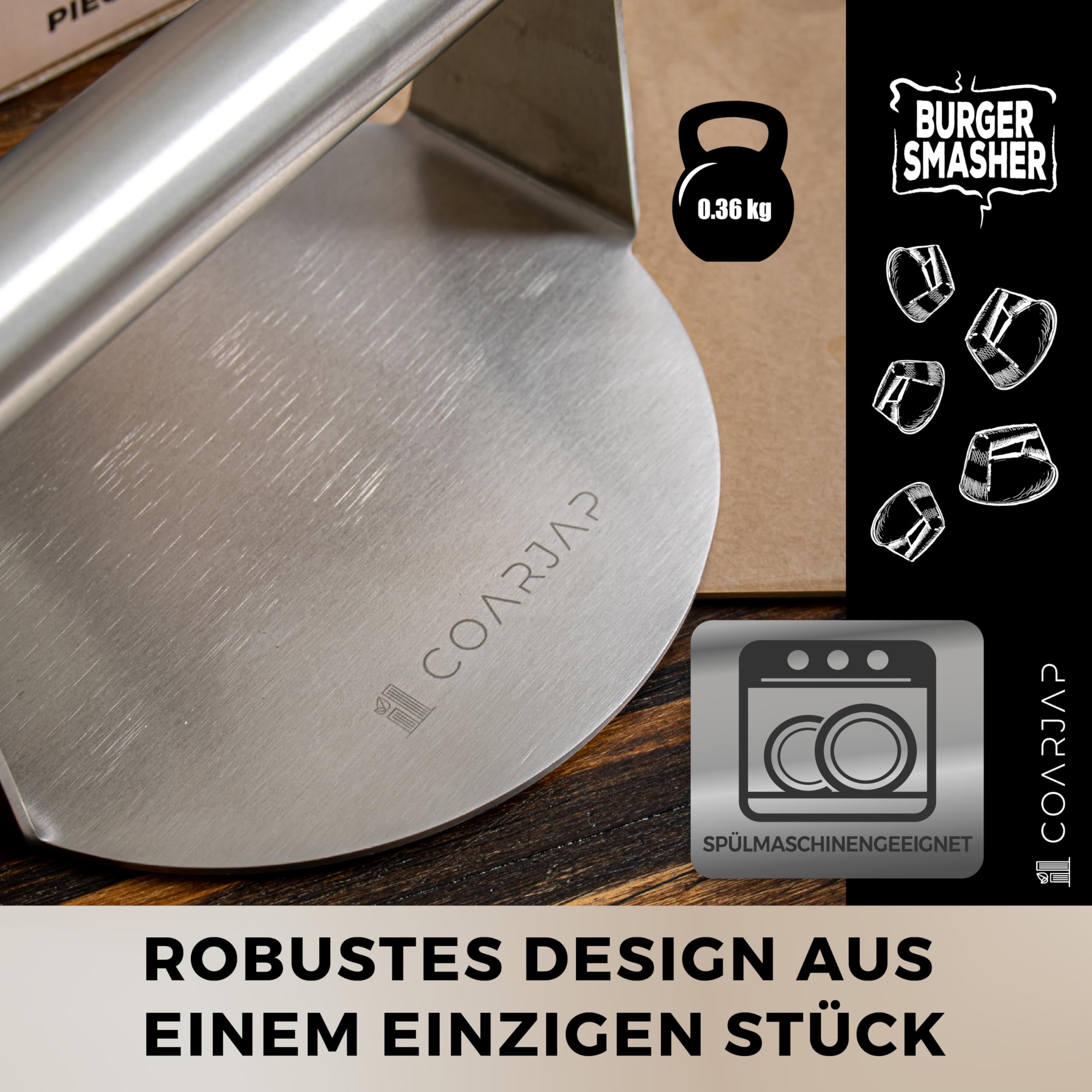 Burgerpresse Smash Burger - Burger Smasher Hamburgerpresse Edelstahl 304 – Smashed Burger Presse aus einem Stück – Inkl. 60 Burgerpapier & QR-Test lebensmittelecht – Spülmaschinenfest