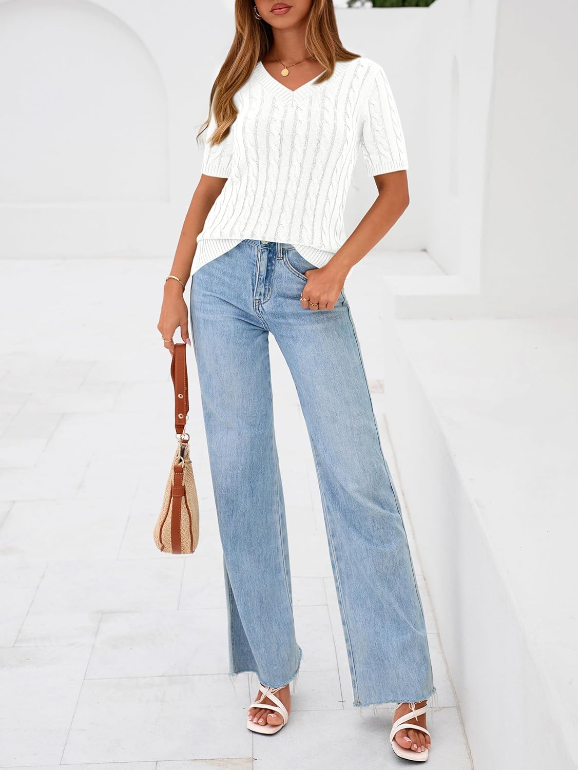 PRETTYGARDEN Womens Summer Short Sleeve Sweater Cable Knit V Neck Sweaters Shirts Fitted Work Tops Business Casual Outfits - Image 6