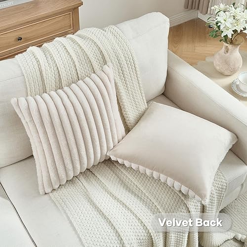 Miniatura 136 de FUTEI - Juego de 2 fundas de almohada decorativas con rayas de color naranja, 20 x 20 pulgadas, cuadradas y primaverales, piel sintética de conejo