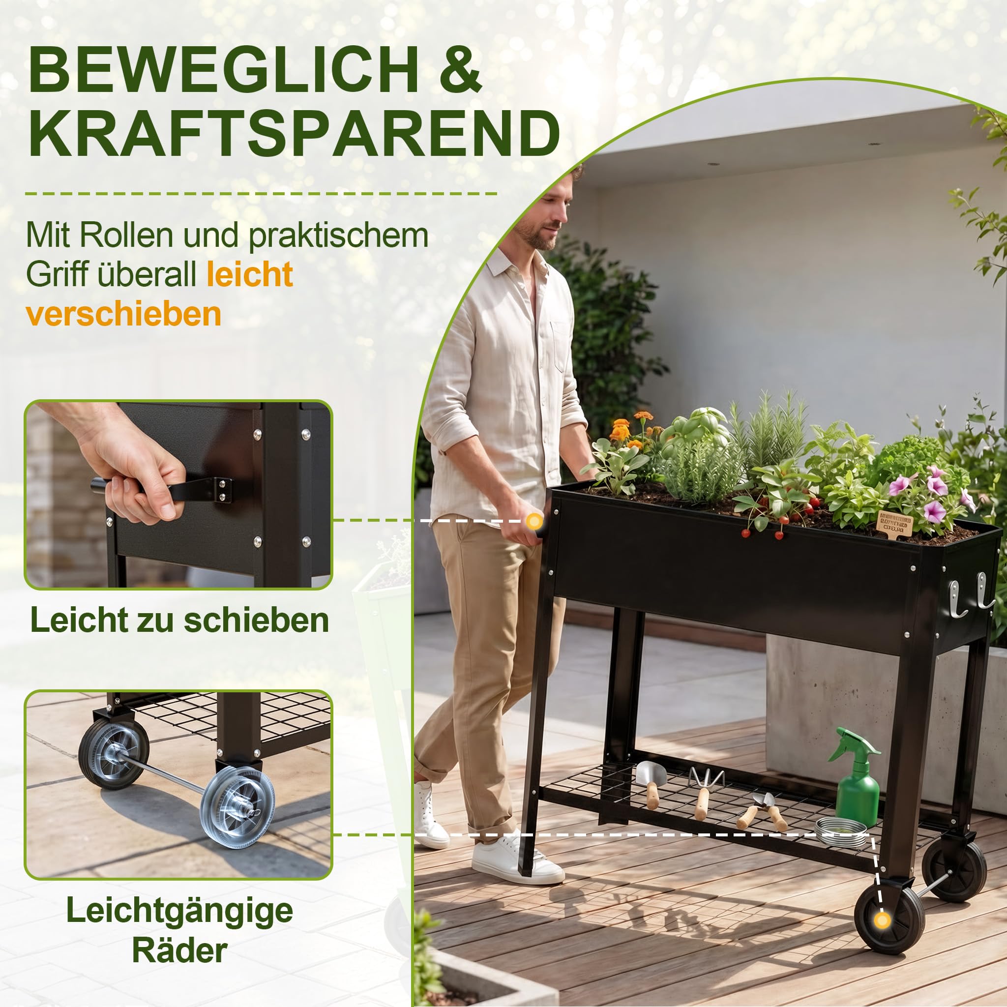 LZQ Hochbeet Metall mit Rädern & Griff, Pflanzkasten mit Ablage Gartenbeet Blumenkasten erhöht Kräuterbeet Gemüsebeet Pflanzbeet für Balkon Terrasse, verzinkt Hochbeet auf Beinen 80x35x80cm Schwarz