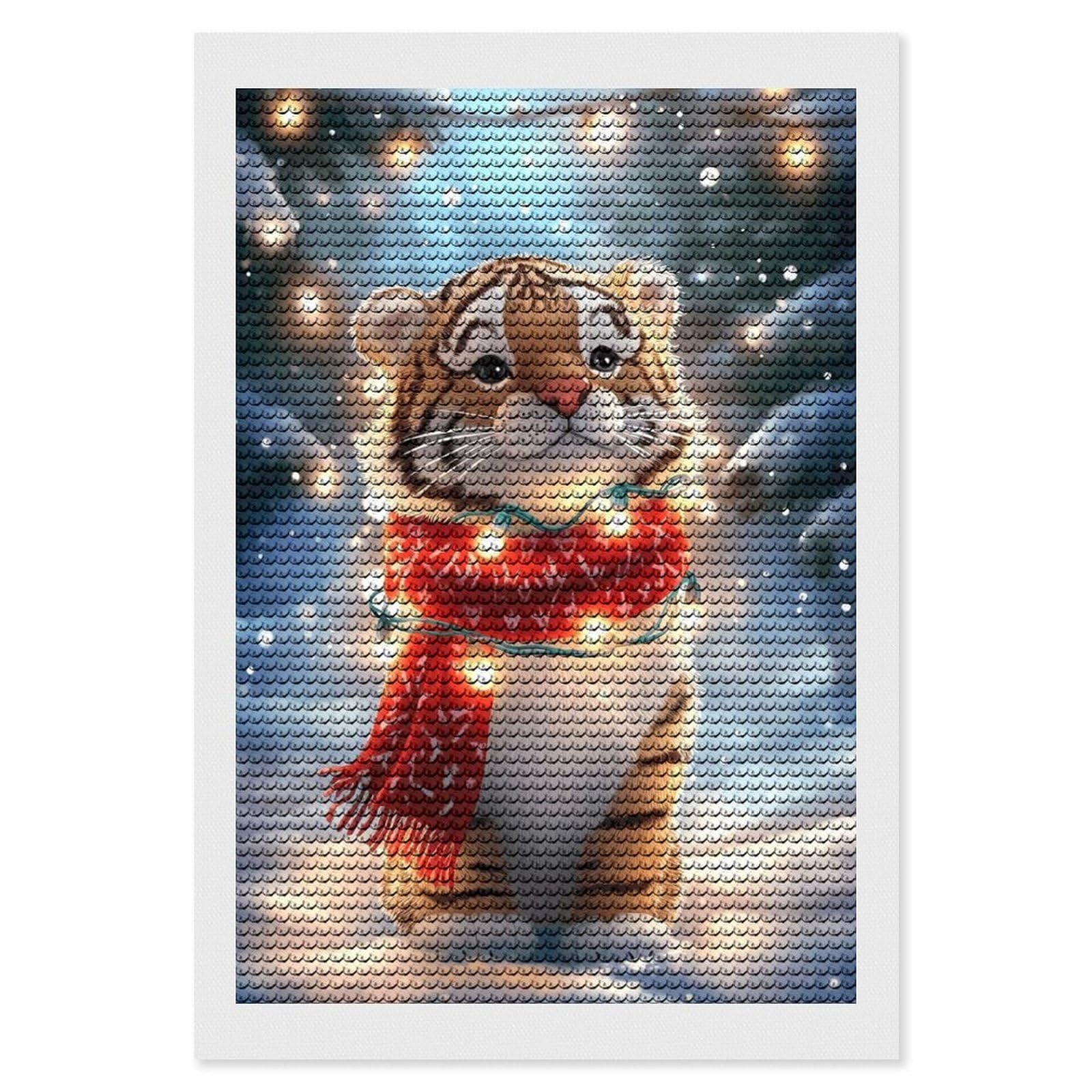 Junmoney Cute Tiger Cub in Winter Crystal Diamond Art Kit 8"x12", Round Gems, Detailed Printed Canvas, Creative Gift Idea, Vintage Style Decor