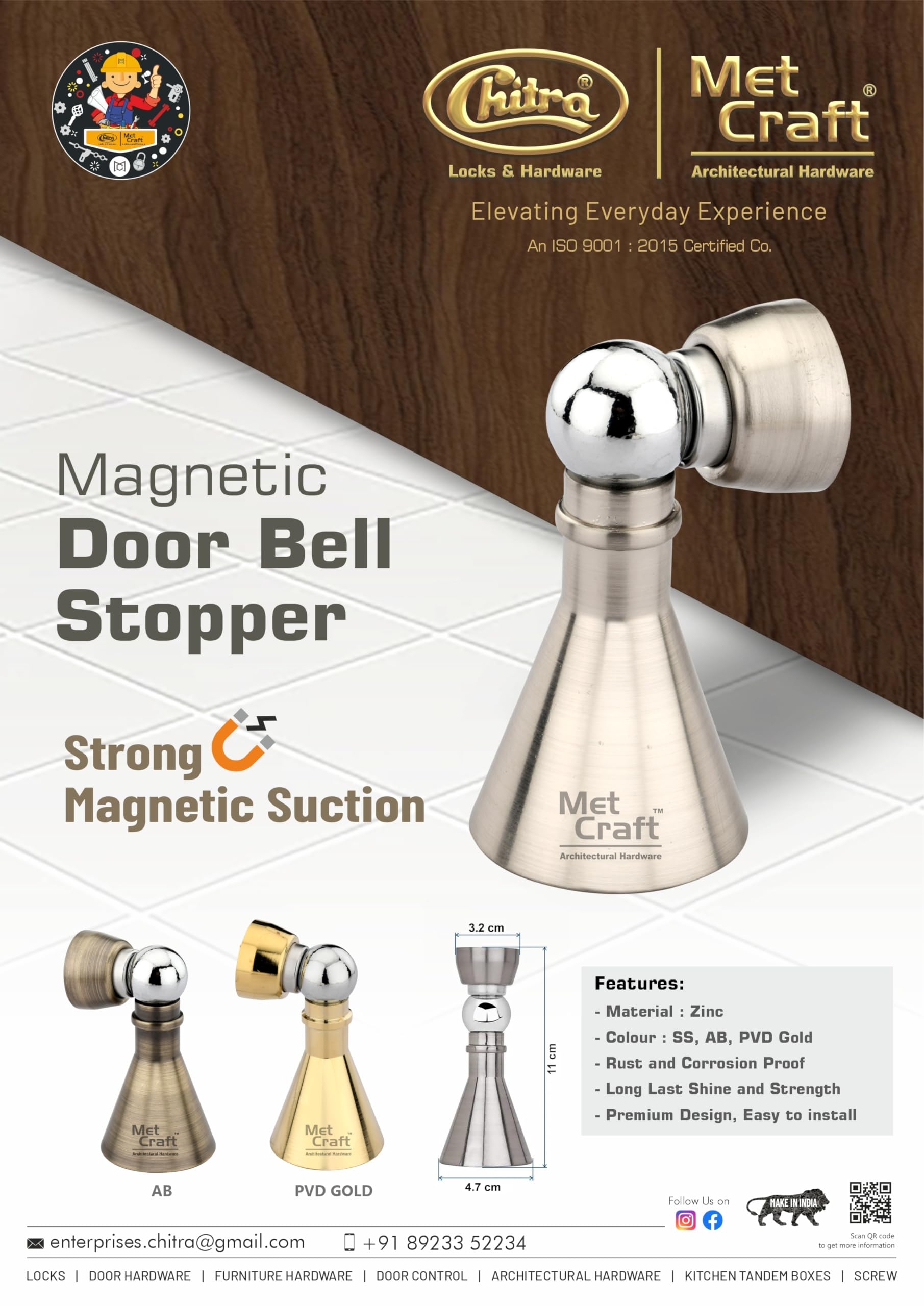 Met Craft Heavy Duty Zinc Alloy 4 inch Doll Door Magnetic Stopper Soft-Catch | Door Magnets to Hold Door | Door Magnet 360' Angle Hold with Screw Fitting .Pack of 1 (Antique Brass) 3