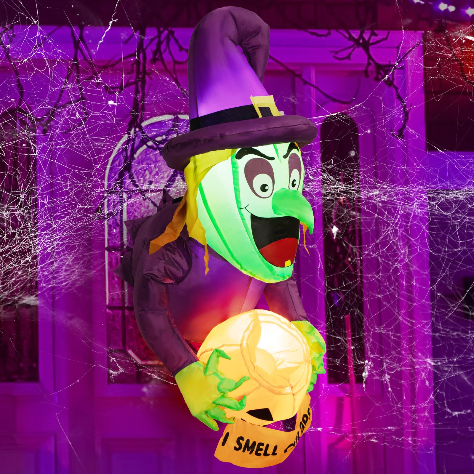 4,5 Ft Halloween deko Aufblasbar Hexe, Halloween deko Outdoor Fenster,Geisterhexen mit Kürbis-Bonbonglas,eingebaute LED, Halloween aufblasbar Halloween deko Garten,Outdoor,Party