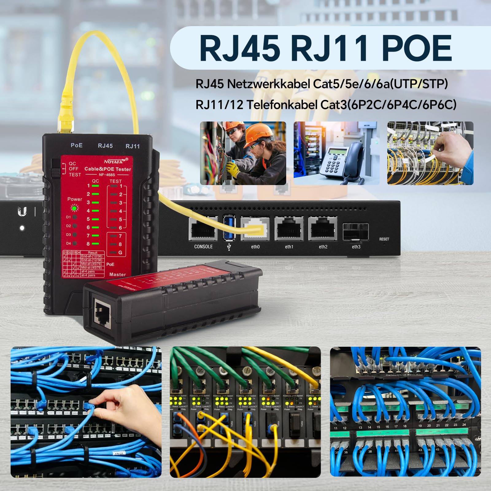 NOYAFA Netzwerkkabeltester, Erweiterte Kabel Tester für RJ11, RJ12, RJ45, CAT5, CAT6, CAT7, STP/UTP-Kabelprüfer, Kabelmapper, PoE-Tester, Durchgangsprüfung, Telefonleitung Cat3, LAN-Netzwerk tool