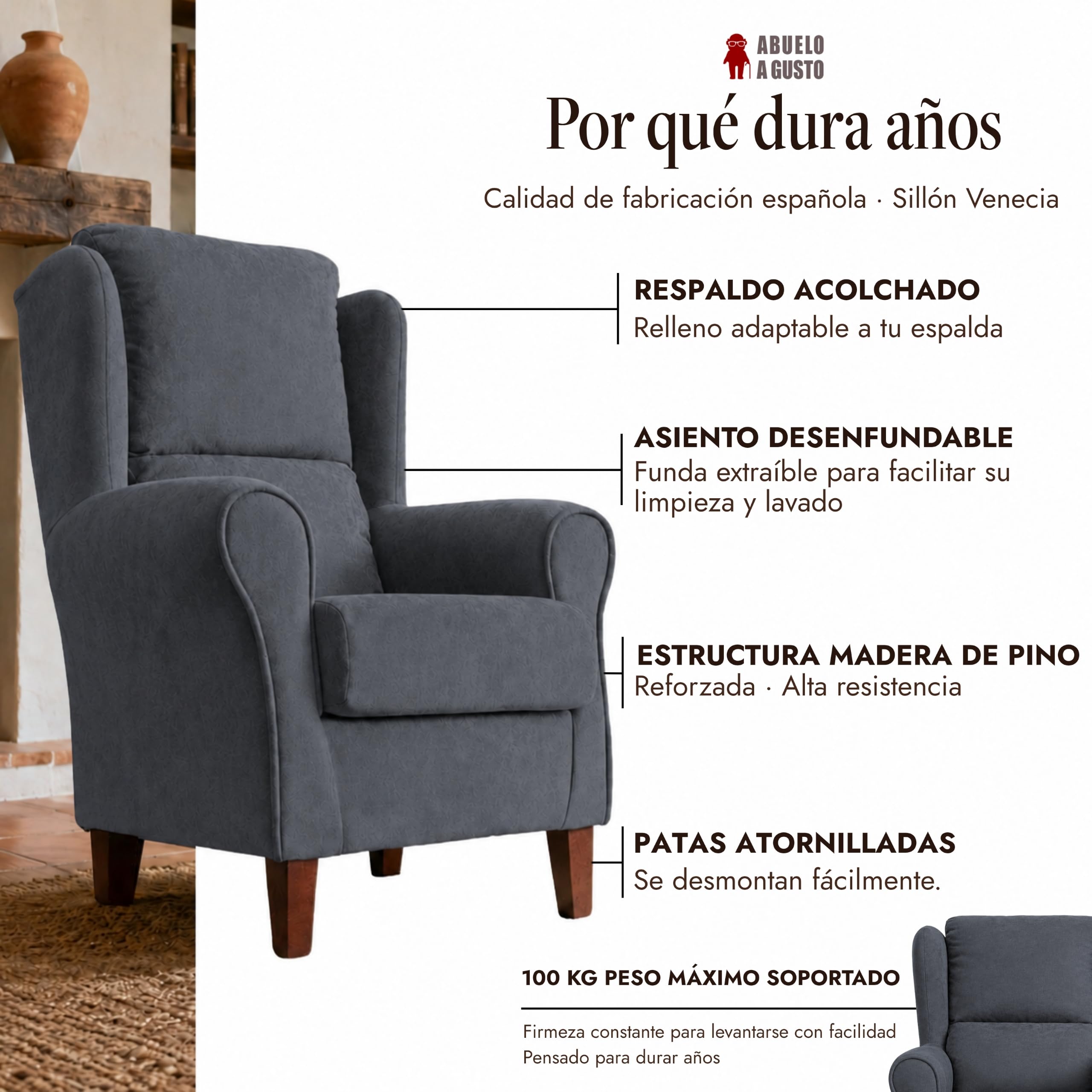 Sillón Orejero Venecia Acolchado para Personas Mayores - Marengo - Respaldo Ergonómico, Relleno Adaptable – Tela Antimanchas – Butaca Cómoda Salón, Dormitorio, Lectura