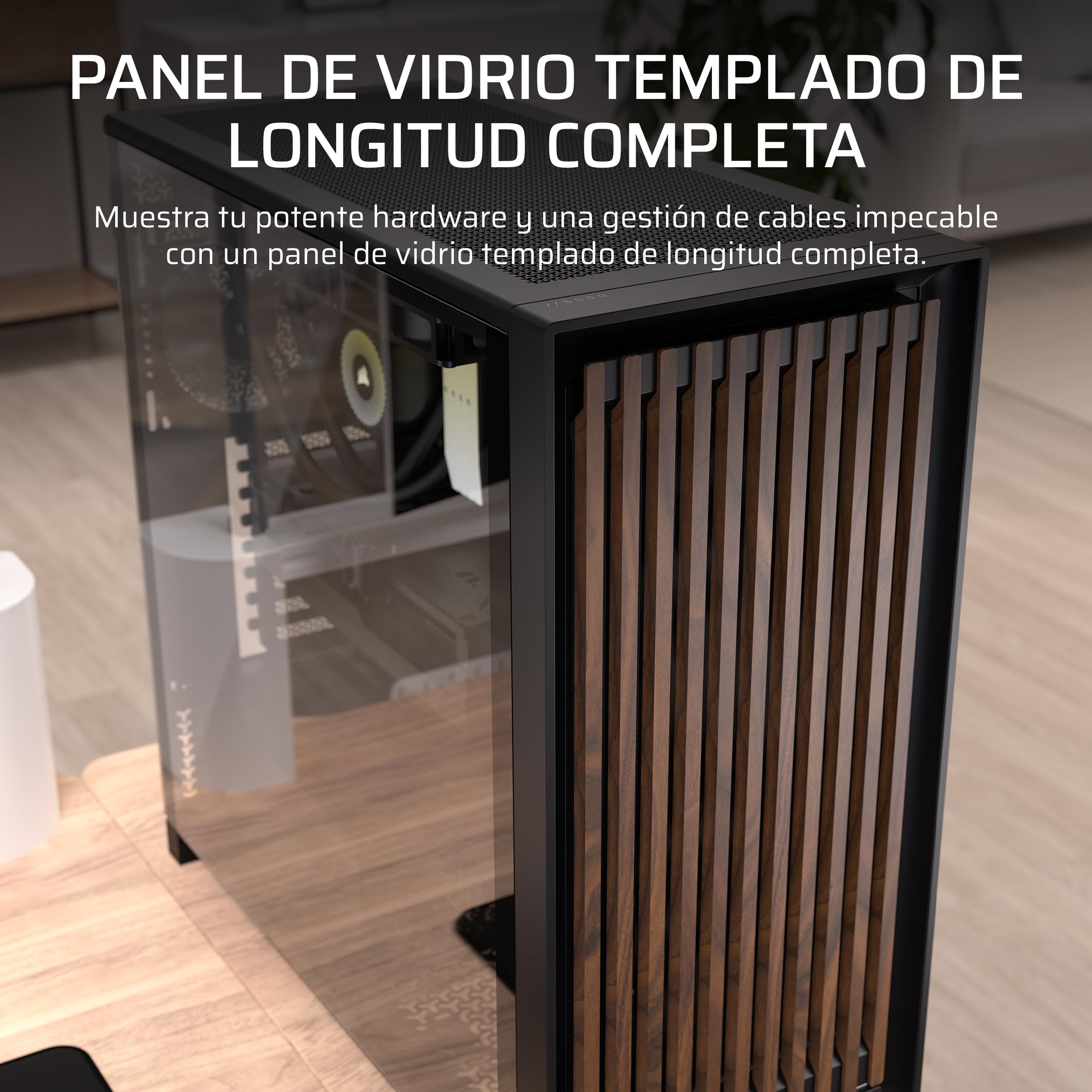 CORSAIR Frame 5000D Wood RS Caja de PC ATX de Semitorre – Negro/Nogal | Panel de Flujo de Aire de Madera Maciza, 3 Ventiladores Preinstalados, Personalización Modular, Brazo Anticaída GPU