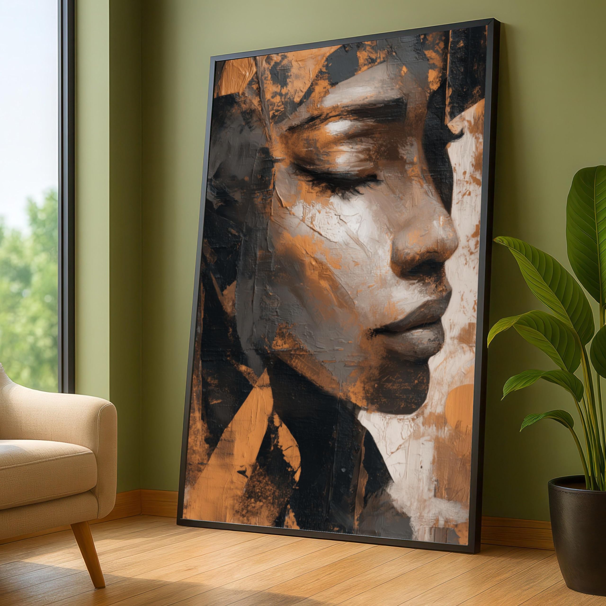 CAOXTART Abstract Woman Portrait Canvas Print Wall Art, Expressionist Face Artwork, Brown Black Tones Canvas Oil Painting(60x80cm/Internal Frame)