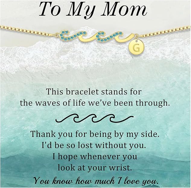 Dainty Gold Bracelet with Initials, Gifts for Women Initial Bracelets for Women Mom Gift Teen Gifts Trendy Stuff Wave Bracelet Grandma Graduation Gifts for Her 2025 Daughter Friend Letter A-Z Birthday Christmas Jewelry