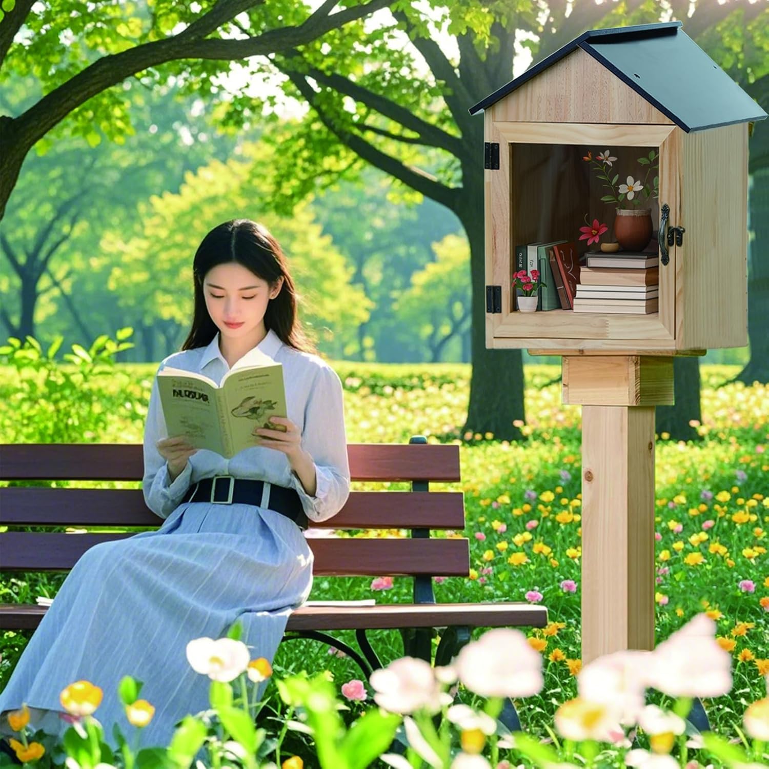Little Library Box Outdoor Wooden Outside Library Book Boxes‌ Literature Exchange Box Book Storage for Diy, Neighborhoods Community and Schools Sharing Literature and Newspapers (Wood)
