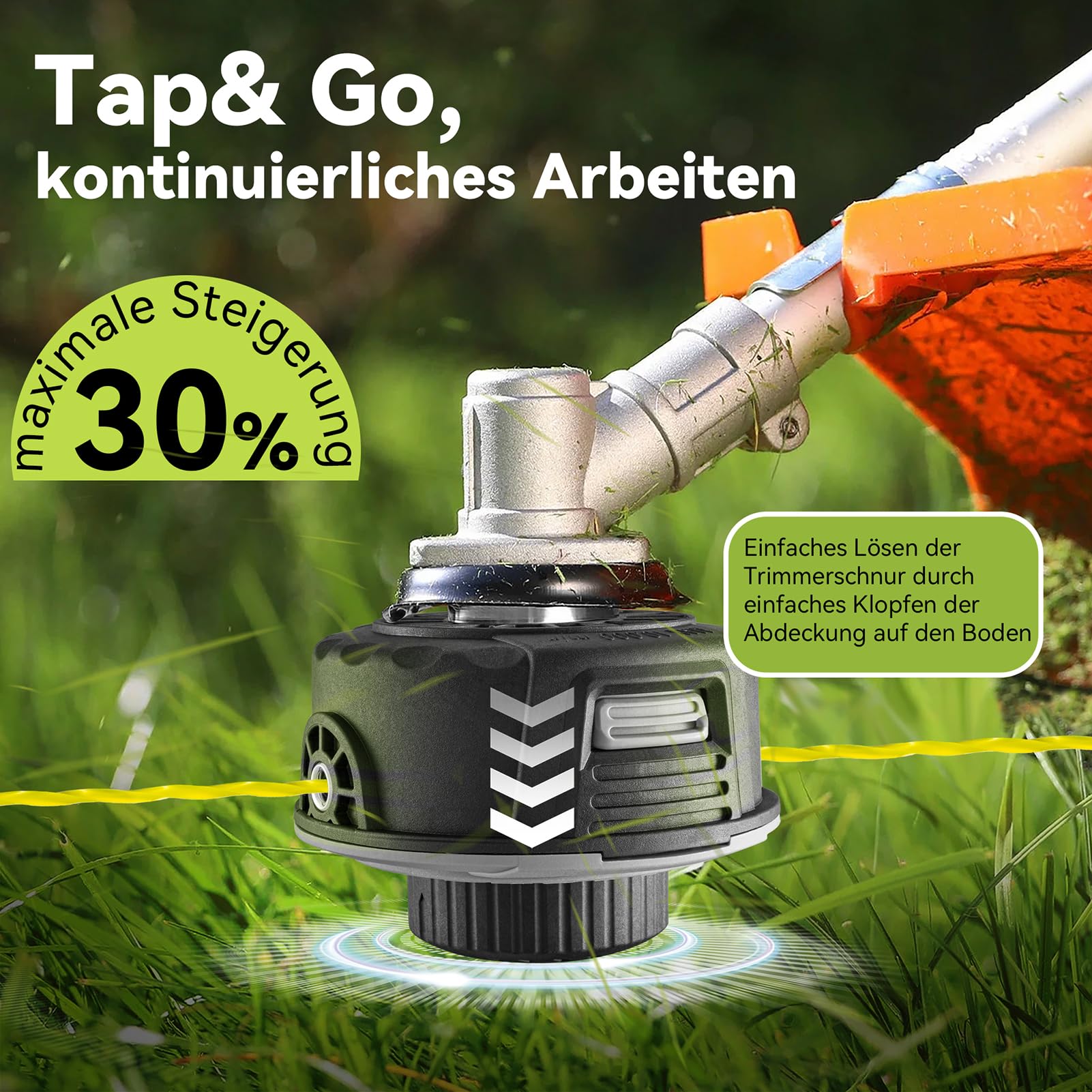 Fadenkopf für Motorsense mit Trimmerfaden,Einfaches Tap & Go System,Universal passende Fadenspule mit 6 Gewindeadapter,für die meisten Akku-Rasentrimmer und Akku-Freischneide (Orange)