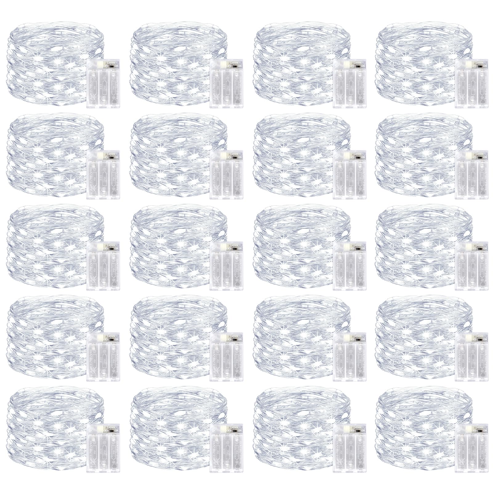 kolpop Paquete de 20 luces de hadas que funcionan con pilas, con temporizador, 16 pies, 50 luces LED de cadena de luces LED alimentadas por pilas, pequeñas luces de Navidad blancas frías para