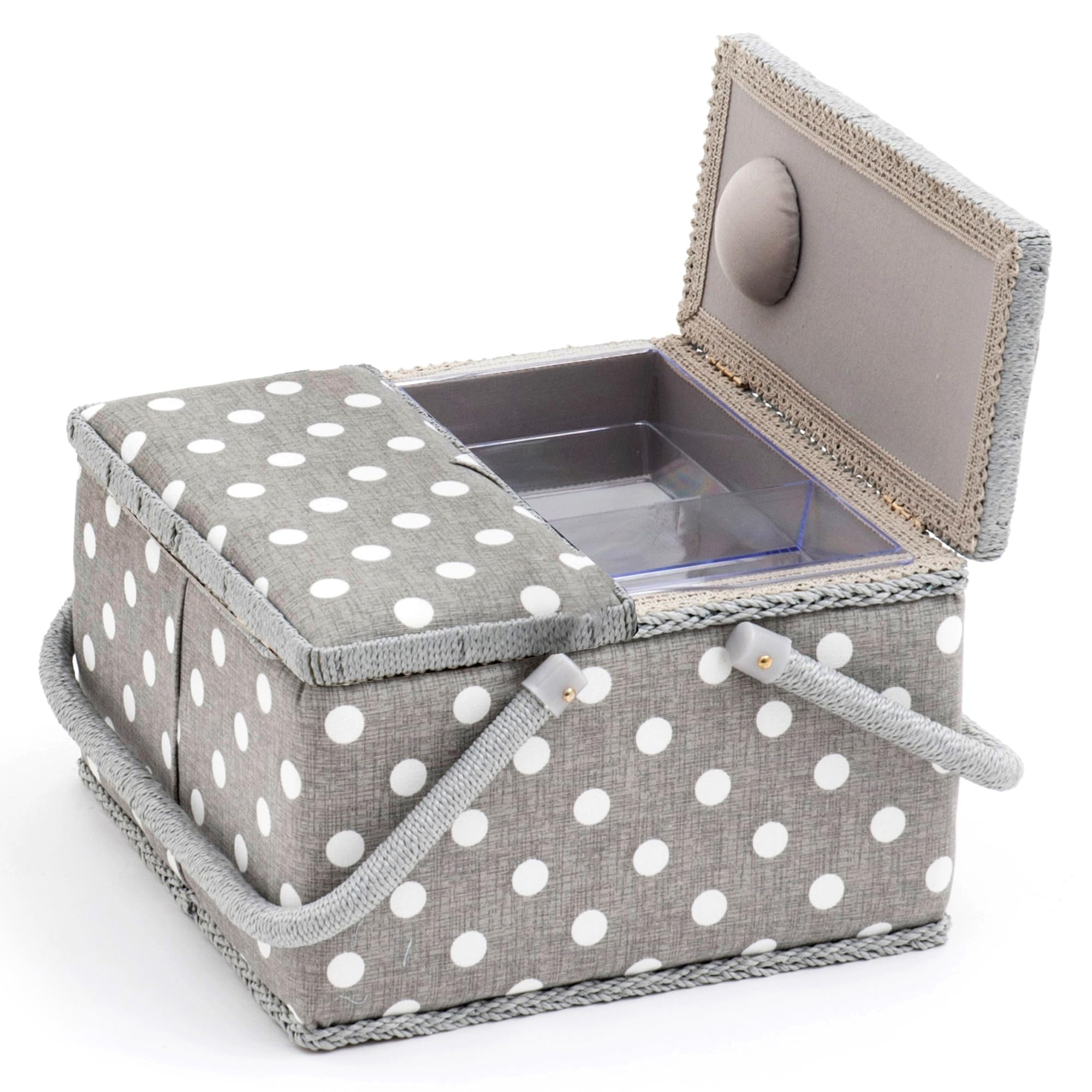 Hobby Gift Caja de Costura Grande con Doble Tapa y Asa, Cesta de Algodón con Compartimentos para Herramientas, 25 x 25 x 17 cm, Lunares Gris