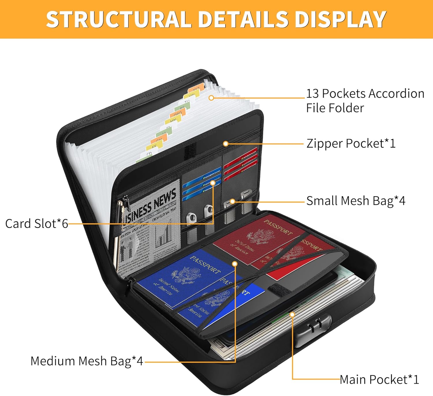 Accordion File Organizer with Lock,Multi-Pockets Fireproof Document Organizer with Handle & Zipper – 13 Pockets Expanding File Folder with Labels for Letter A4 Files and More