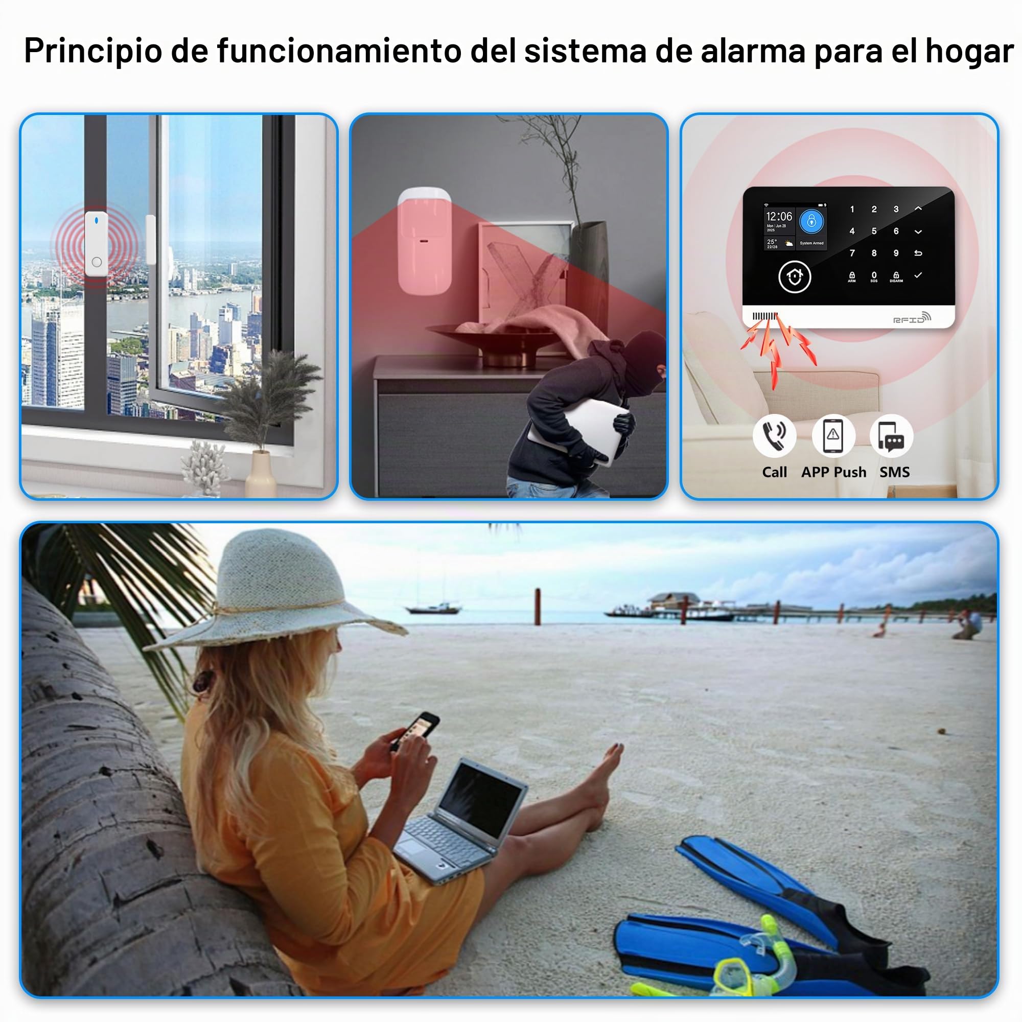 Alarma doméstica inalámbrica WiFi/2G con cámara de vigilancia WiFi Interior 1080P, Sistema de Alarma doméstica con Alerta por aplicación, Compatible con Alexa y Google