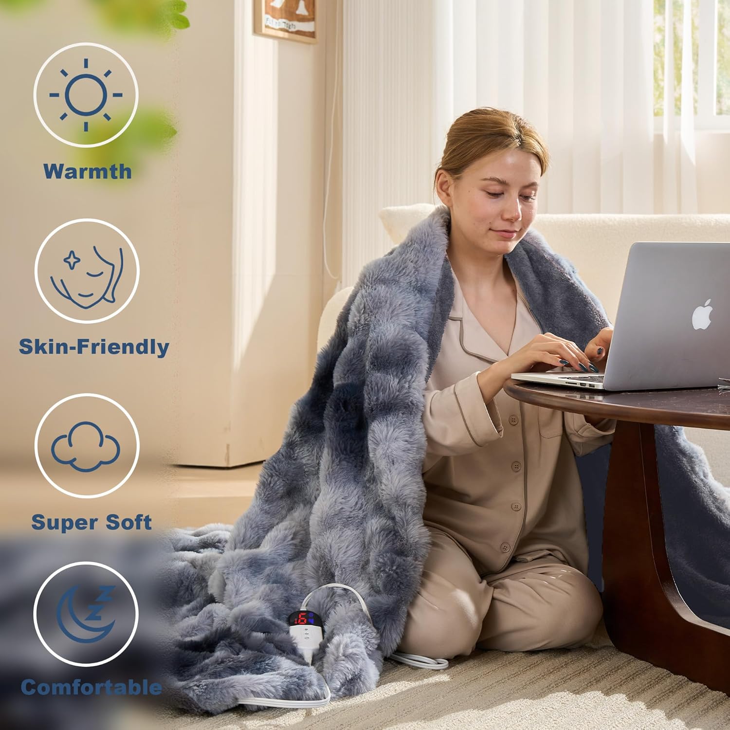 Electric Blanket, Soft Faux Rabbit Fur Bubble Heated Blanket with Dual Control 6 Heating Levels & 4 Hours Auto-Off, Machine Washable, Fast Heating (Black Gray, 50"X60") - Image 7