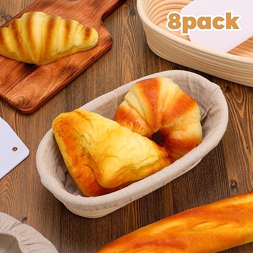 Miniatura 9 de Gejoy Banneton - Juego de 8 canastas ovaladas para hornear pan, juego de cuencos para hornear pan de masa madre con forros de tela y raspadores de