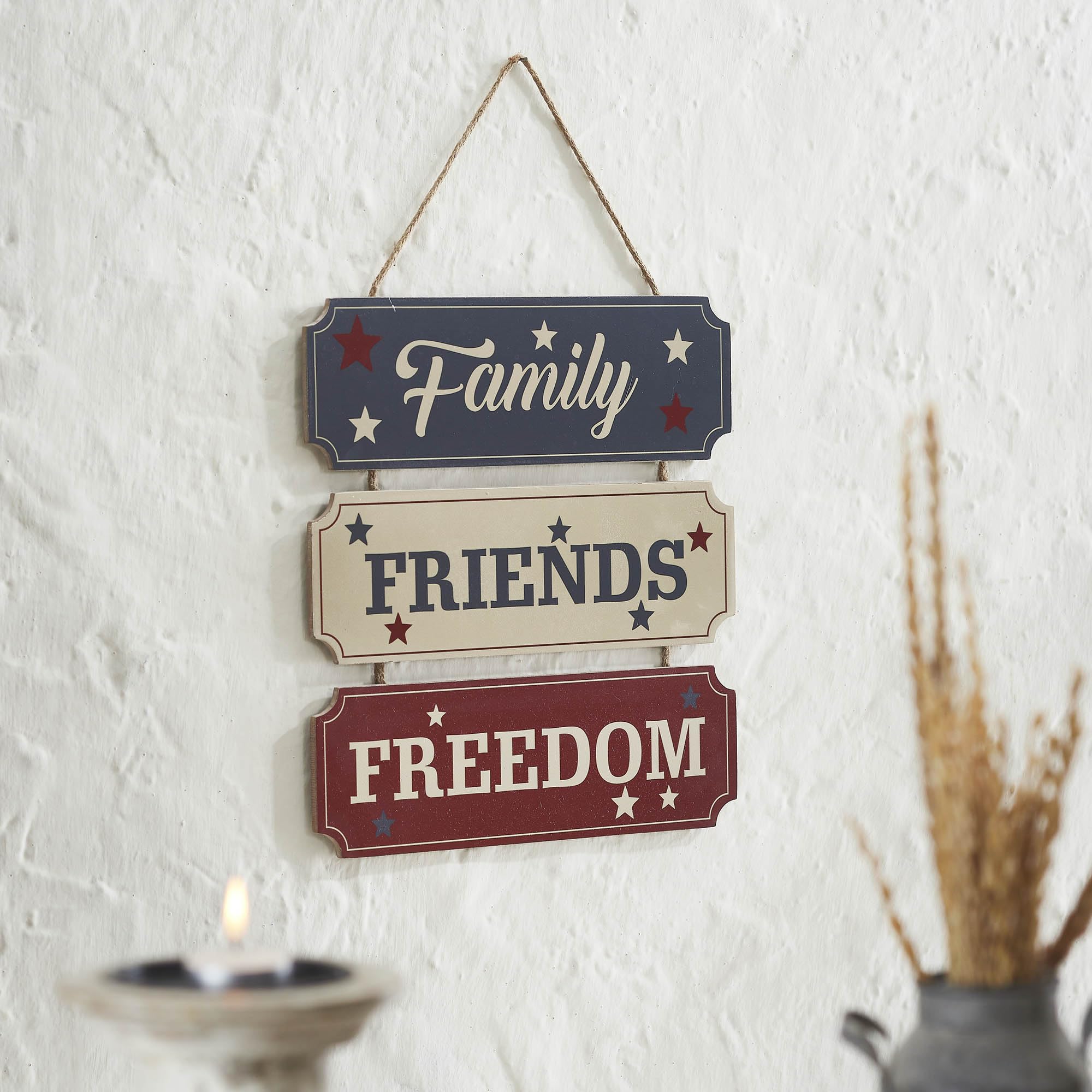 VHC Brands Patriotic Family Friends Freedom MDF Wall Hanging 12x12, Independence Day Decor, Decorative Sign, Rustic Farmhouse Fourth of July Decorations, Patriot Blue, Red, Creme