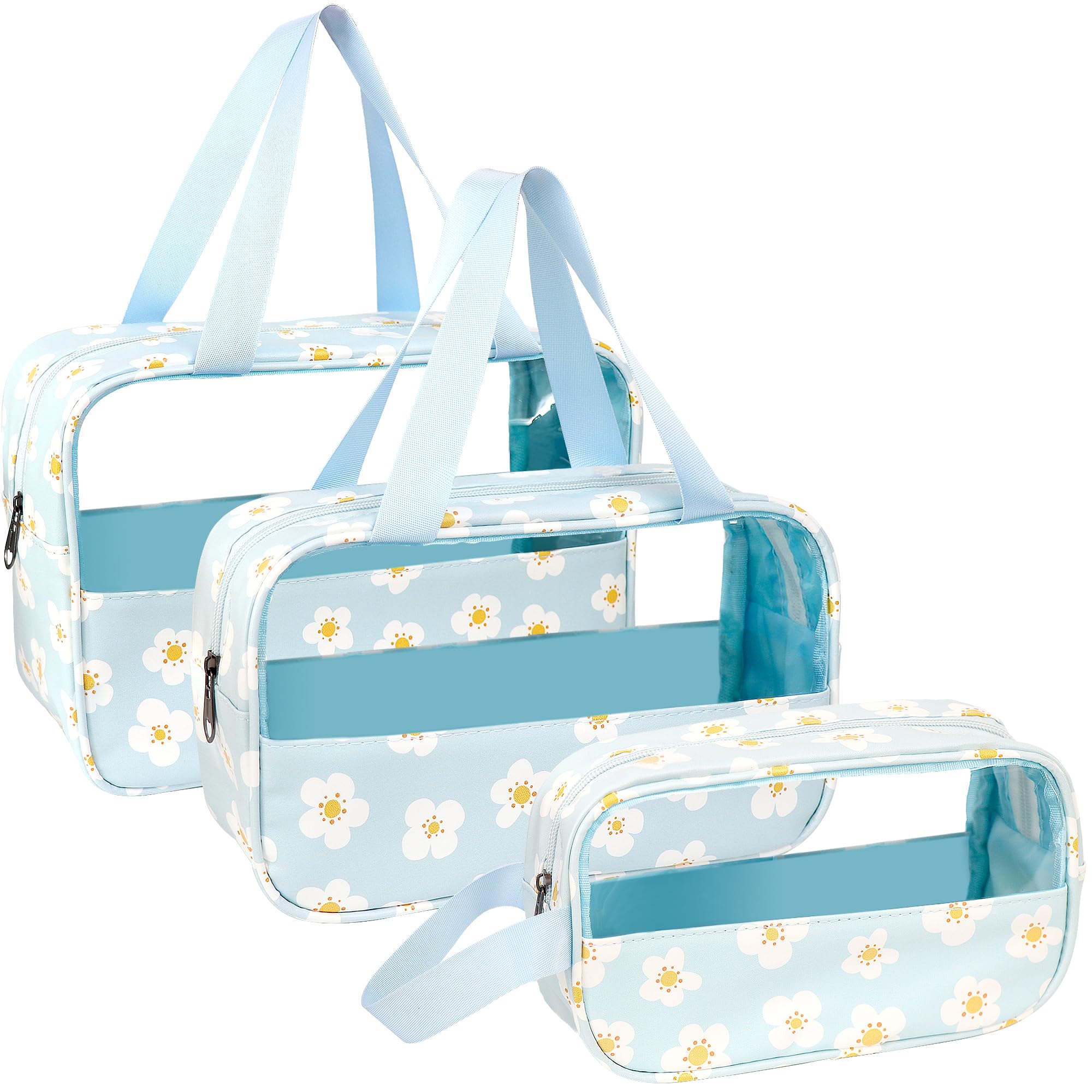 LEcylankEr Neceser Transparente 3 Piezas, Bolsa de Aseo PVC Impermeable para Mujer, Neceser de Maquillaje Portatil para Viajes, Baño (Estampado Azul)