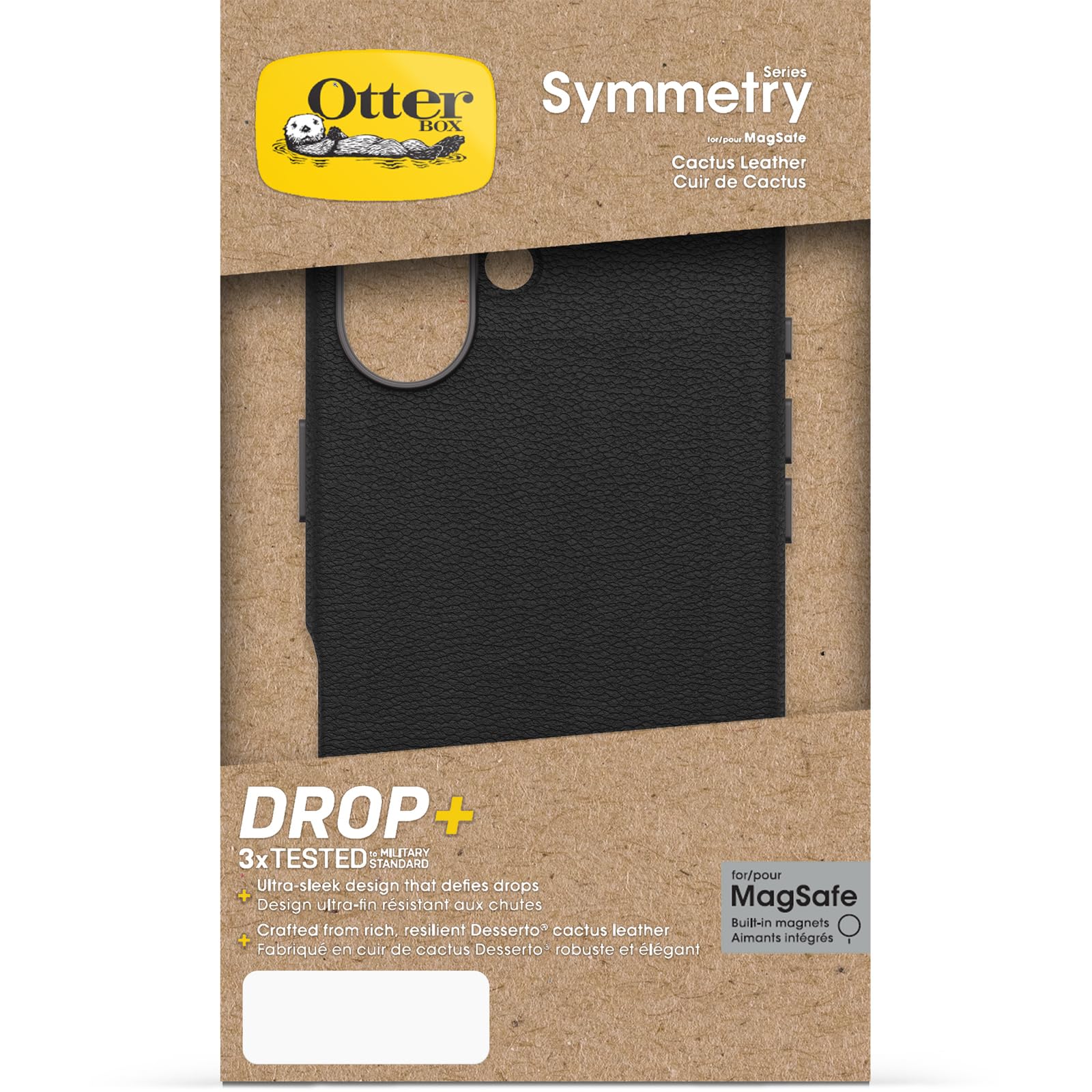 OtterBox Symmetry Series Cactus Leather MagSafe Custodia per iPhone 16, custodia protettiva sottile antiurto, a prova di caduta, testata 3x vs norme MIL-STD 810G, Nero
