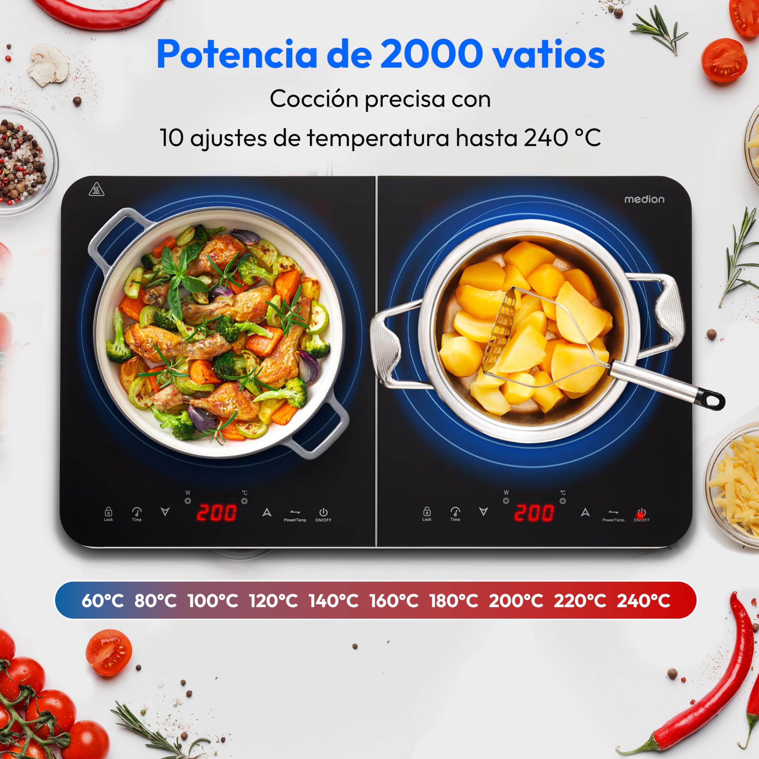 MEDION Placa de inducción doble, 3500 vatios, dos placas de cocción, 10 ajustes de temperatura, pantalla LED, MD18493, negro