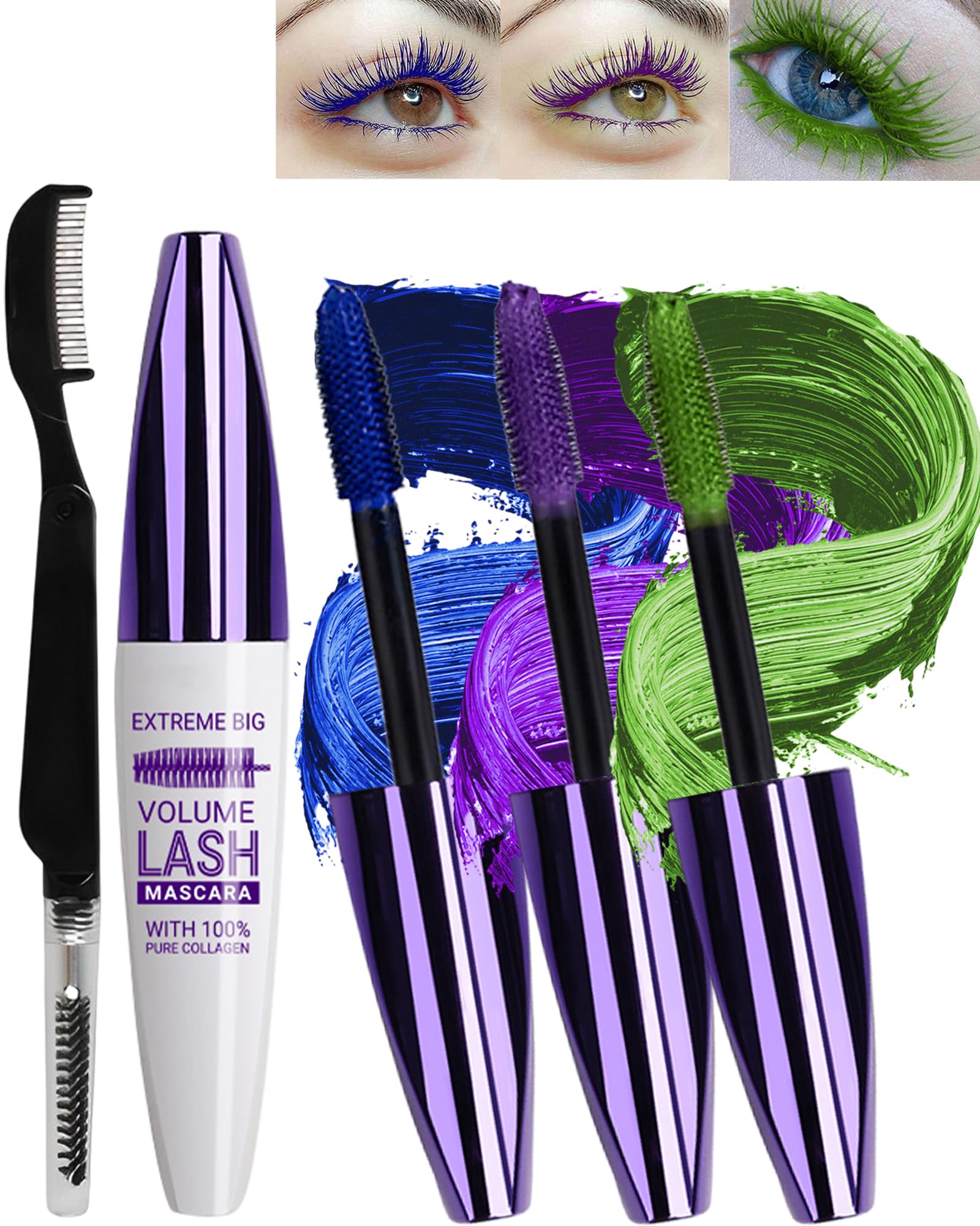 3 colores 5D negro fibra de seda pestañas rímel resistente al agua con cepillo peine de pestañas, azul, violeta, verde, resistente al agua, alargador, voluminoso, duradero, uso de fiesta de cosplay,