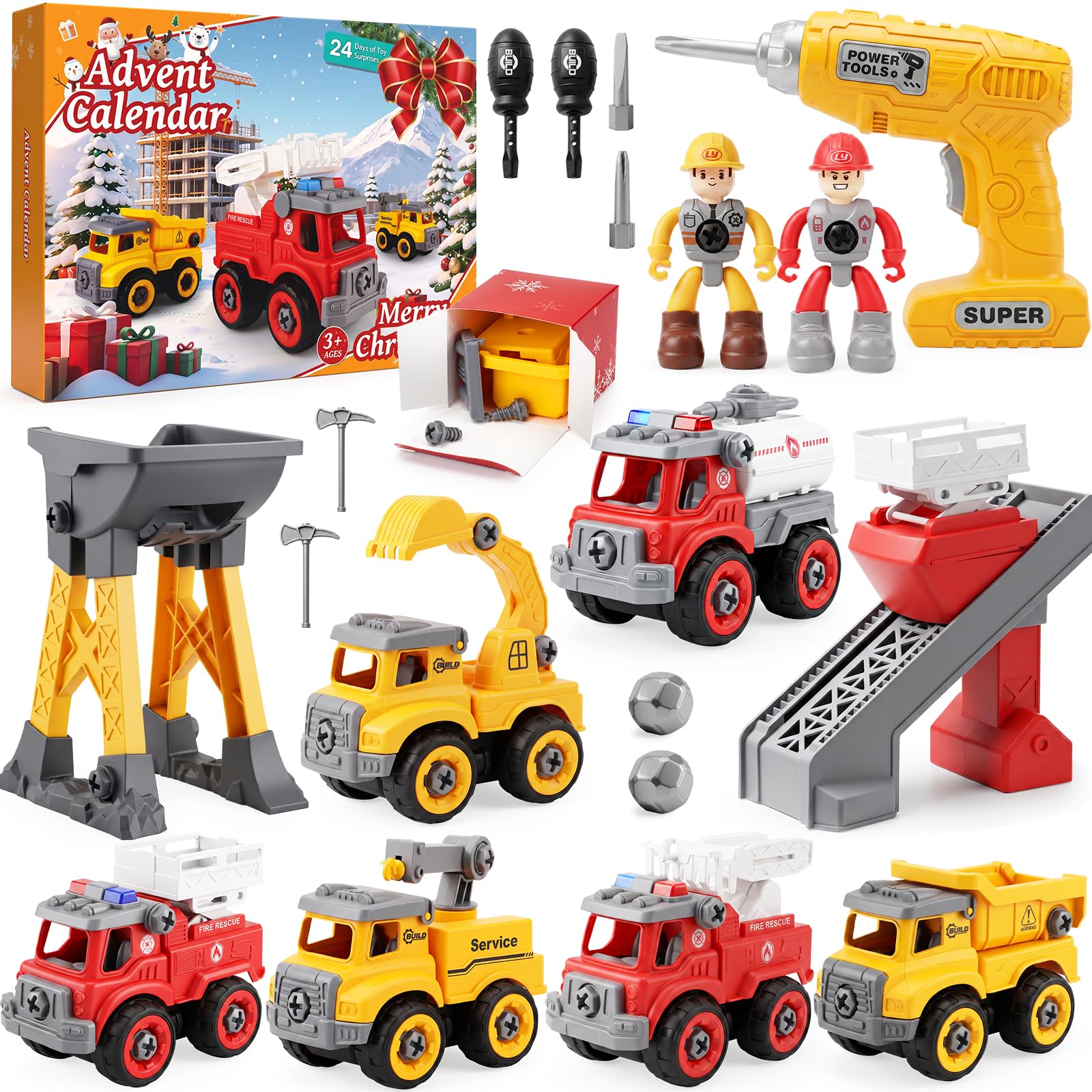 Christmas Advent Calendar for Boys, 24 Days Countdown 6 Pack Take Apart Fire Truck & Construction Vehicle STEM Toys, DIY Assembly Building Kit with Drill Tools for Kids Ages 3-6