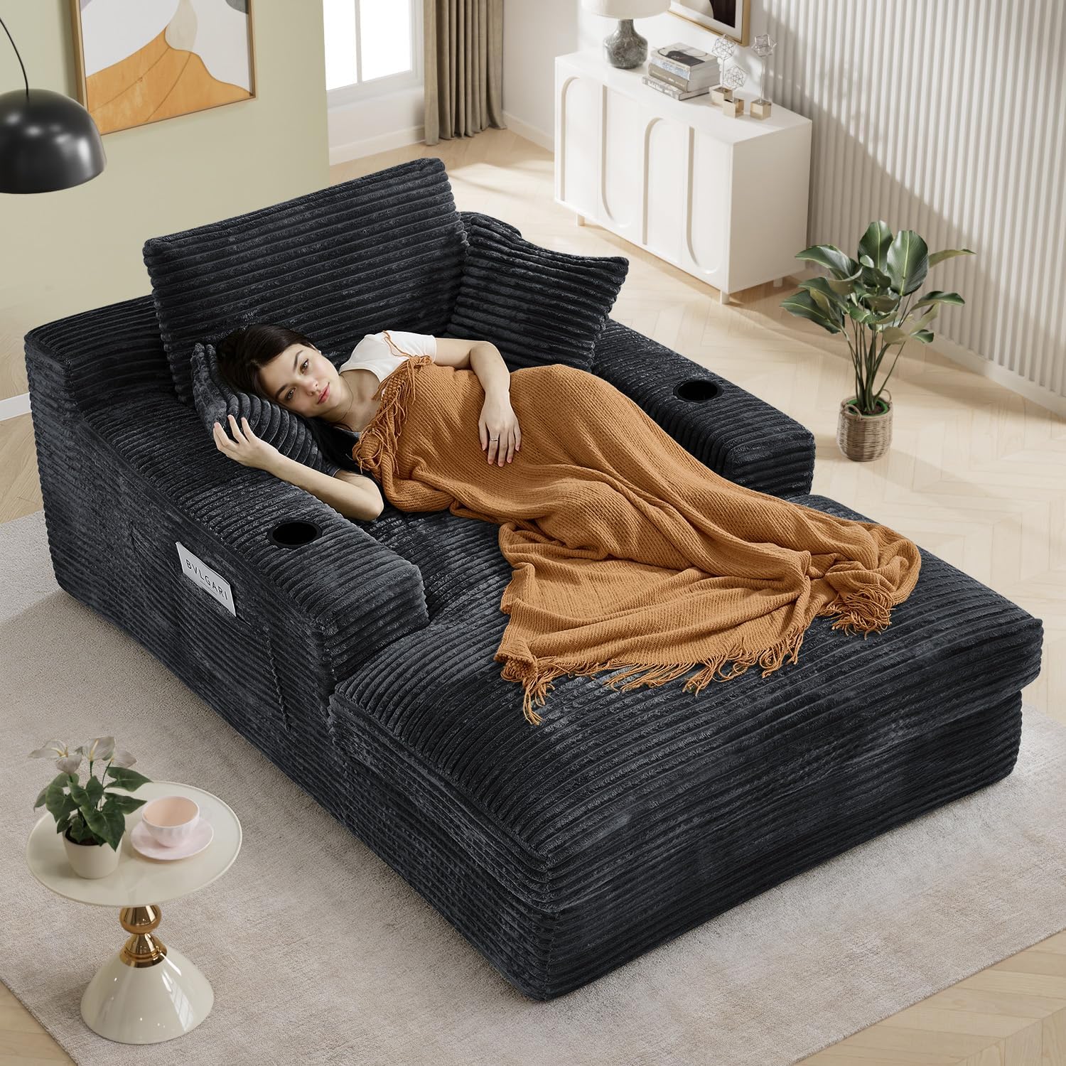 49"W x 76"D Super Oversized Chaise Lounge Chair Indoor Boneless Reading Chair Corduroy Recliner Deep Seat Sleeper Fluffy Comfy Sofa Bed Couch with Cup Holders for Living Room Bedroom, Dark Gray