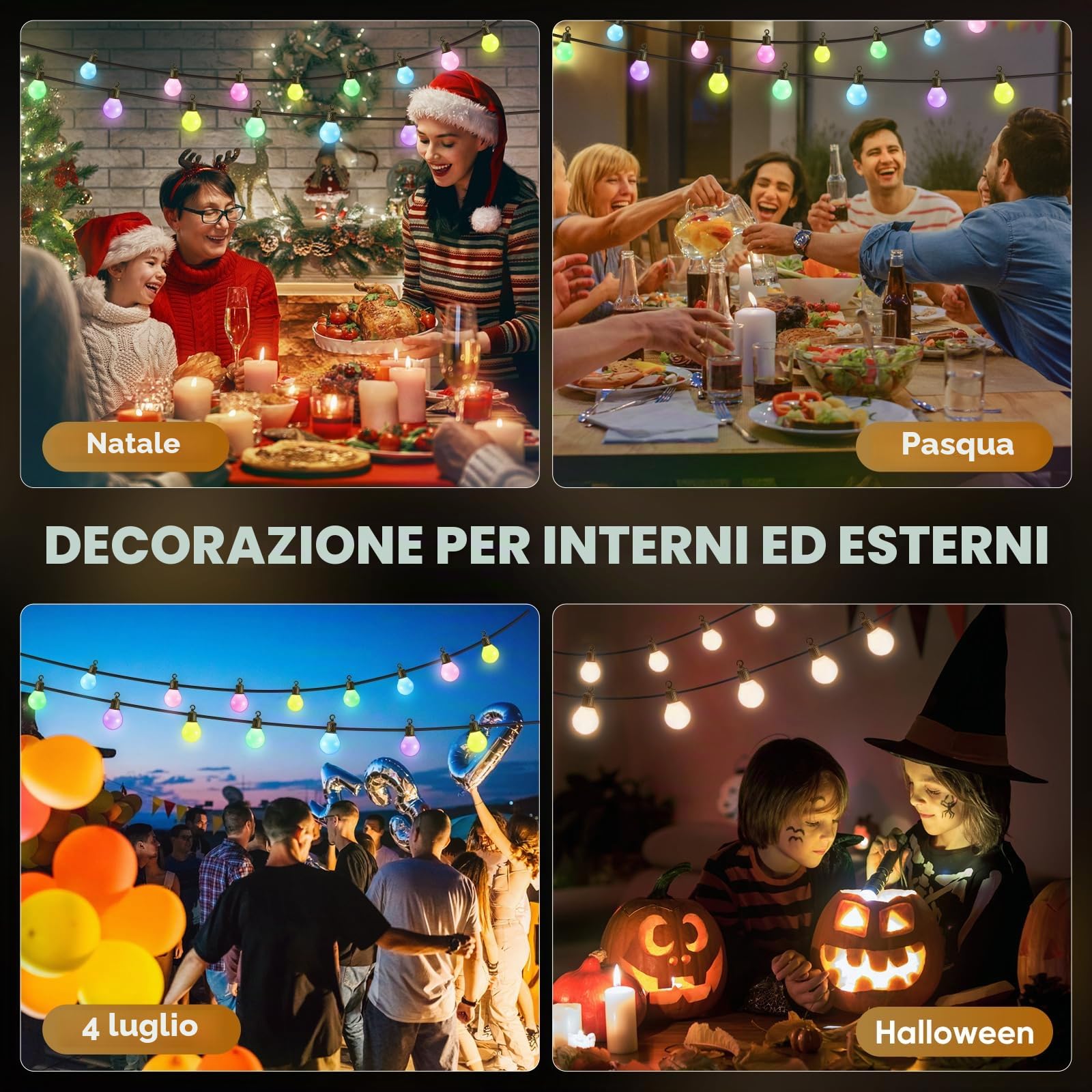 Catena Luminosa Esterno, 100ft/30M 50 Lampadine Catena Luminosa Interno con Telecomando e App, 16 Milioni di Colori e 50 Modalità, Catena Luci Esterno Impermeabile IP68 con Timer per Feste
