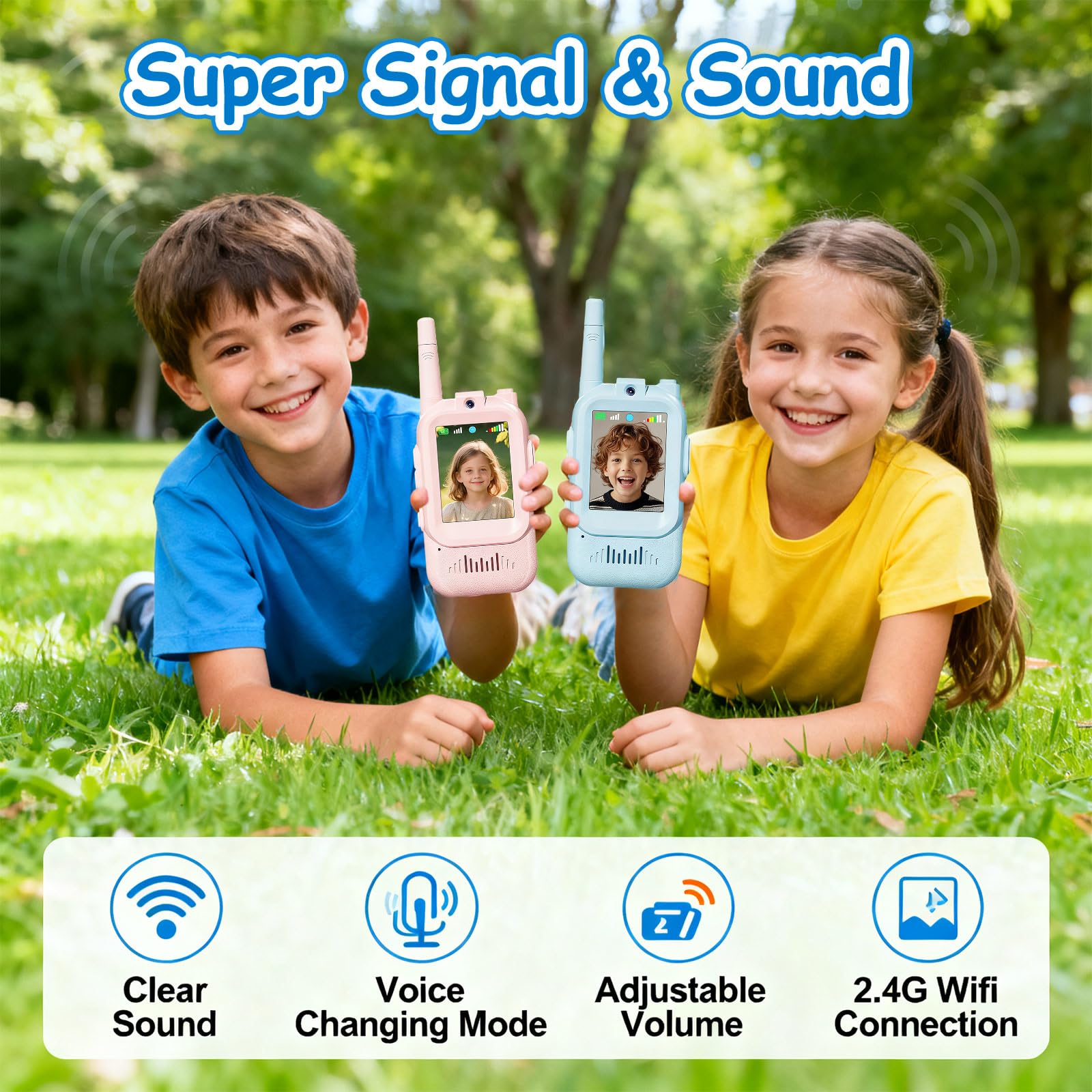 Talkie Walkie Enfants avec Vidéo & Caméra HD, Talkie-Walkie Rechargeable USB (650mAh), 4 Modes de Voix Changée, Portée 100-400m, Cadeau pour Garçons/Filles (Bleu + Rose)
