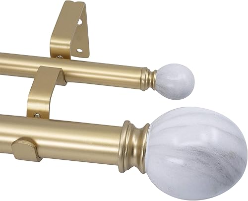 MERIVILLE Barra de cortina de tratamiento de doble ventana de 1 pulgada de diámetro, acabado de mármol elipse, ajustable de 36 a 72 pulgadas, oro