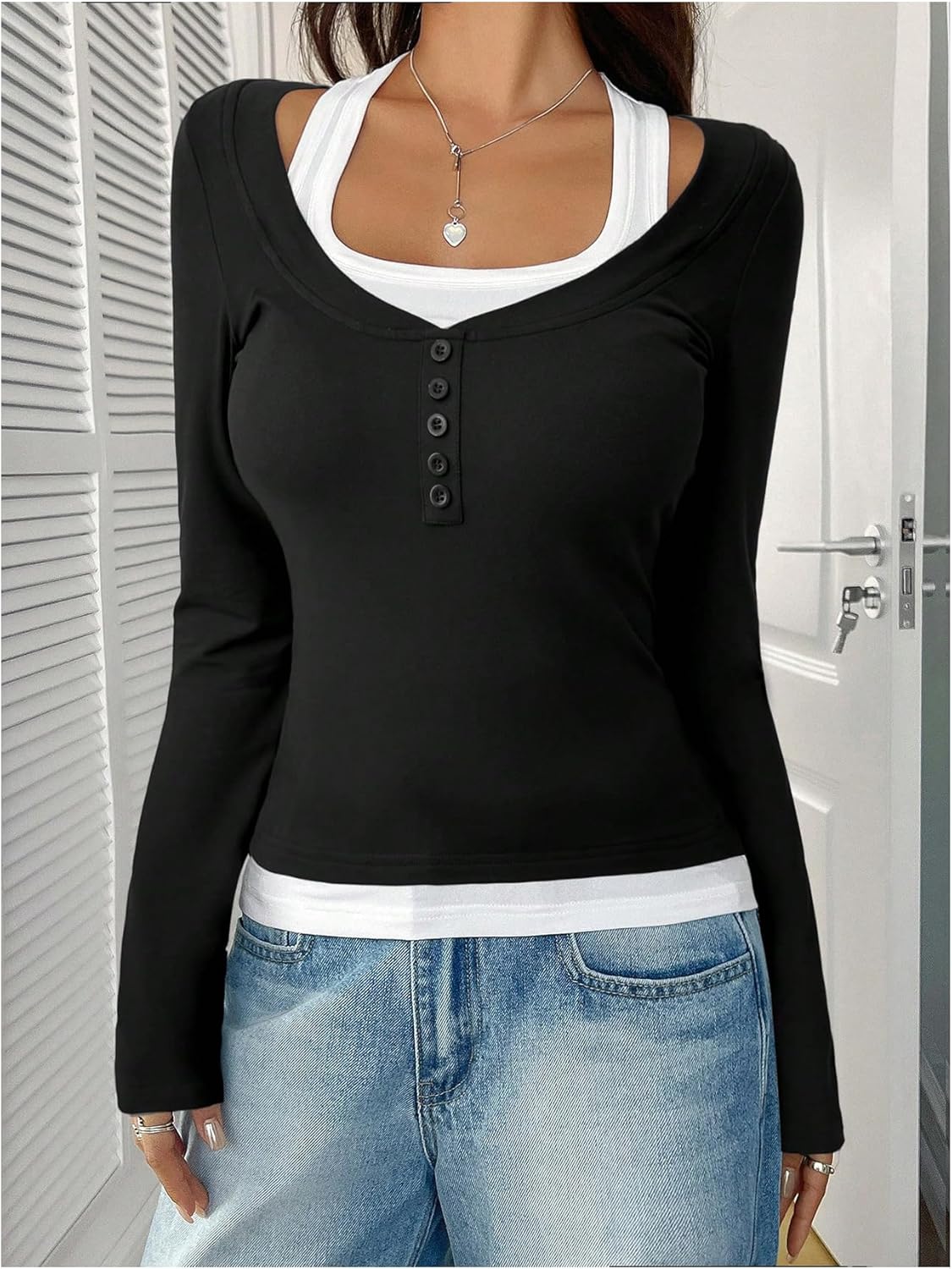 SOLY HUX Women's Long Sleeve Shirts Y2K Going Out Tops Halter Neck Slim Fitted Henley T Shirts Fall Clothes - Image 5